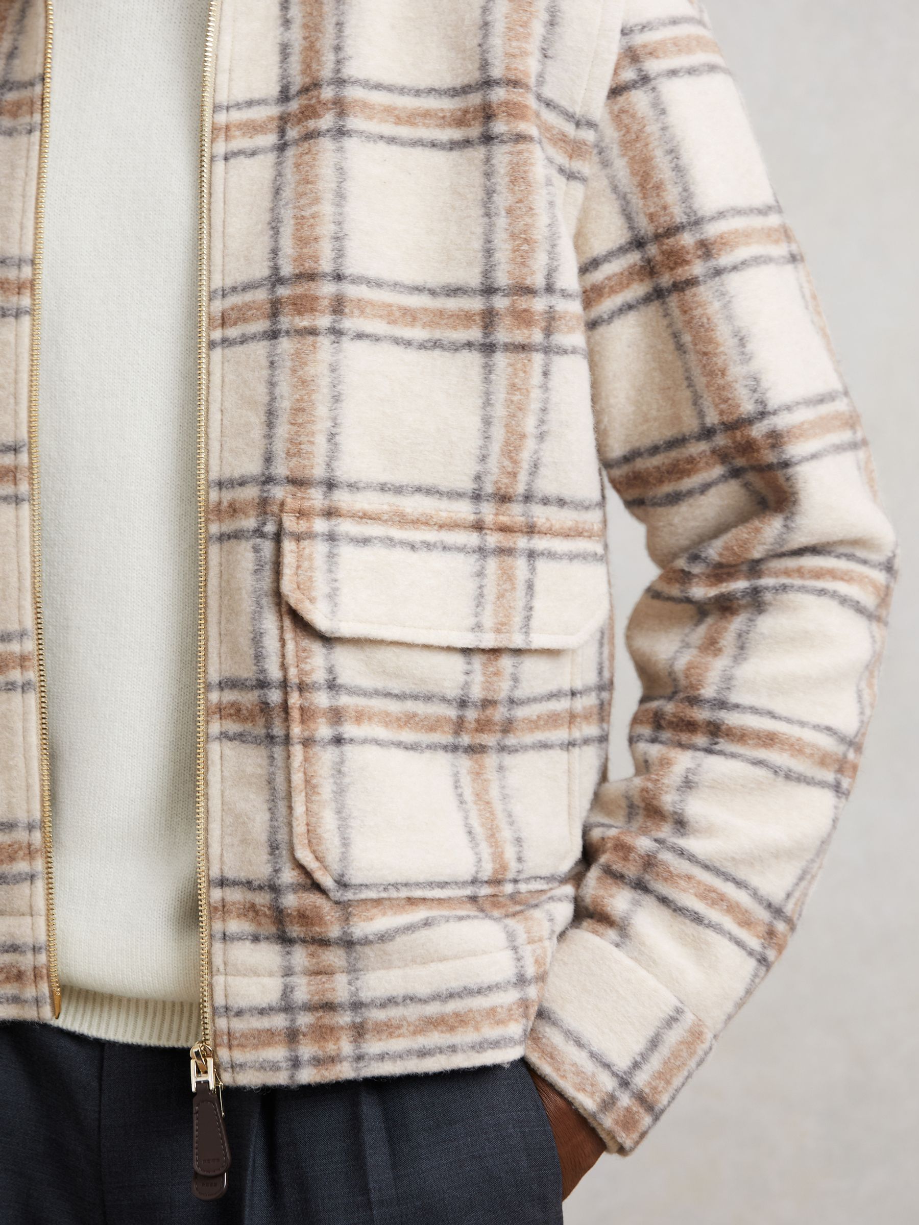 Zip-Through Check Overshirt with Wool in Stone - Image 3 of 7