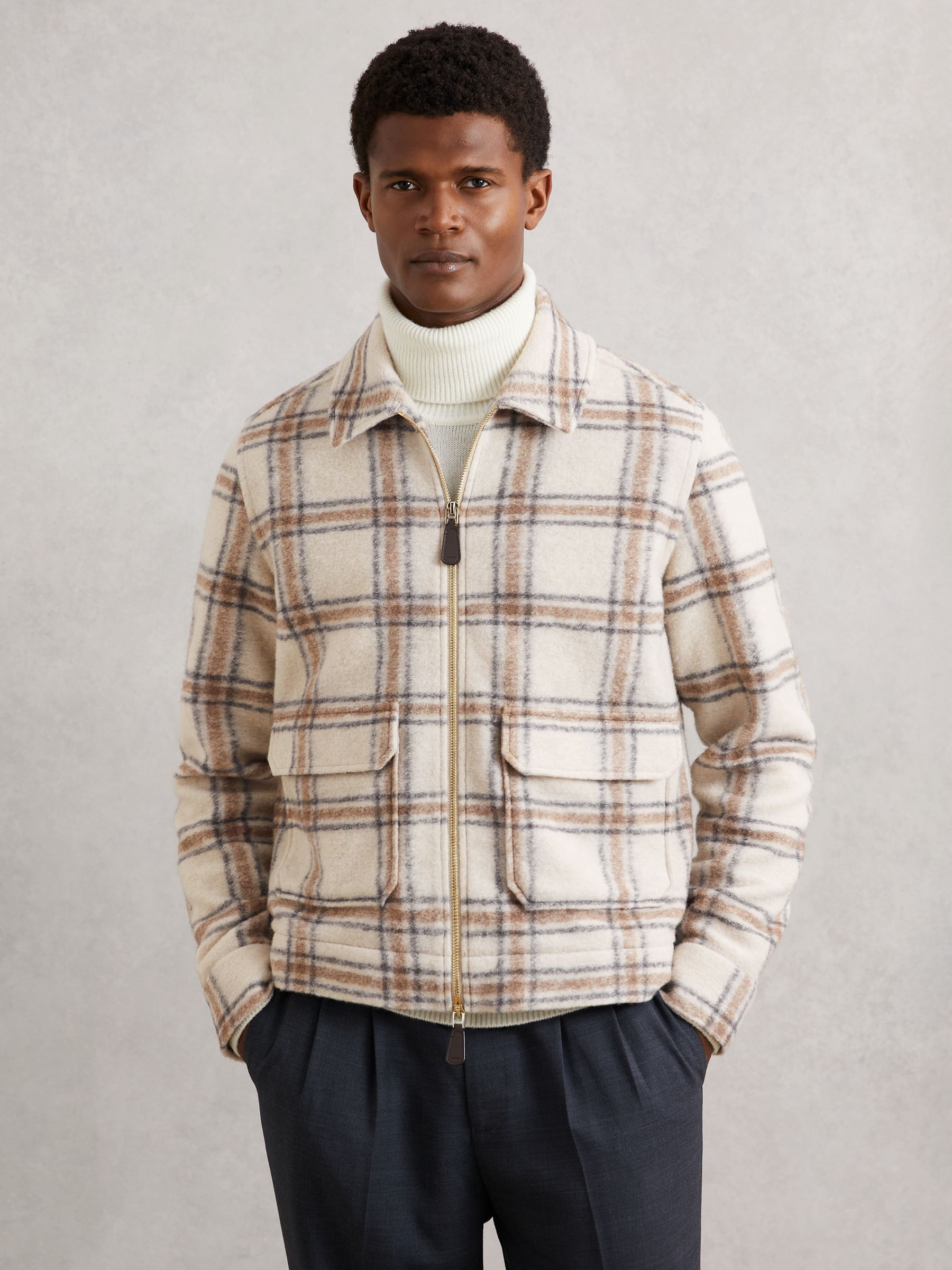 Zip-Through Check Overshirt with Wool in Stone - Image 4 of 7