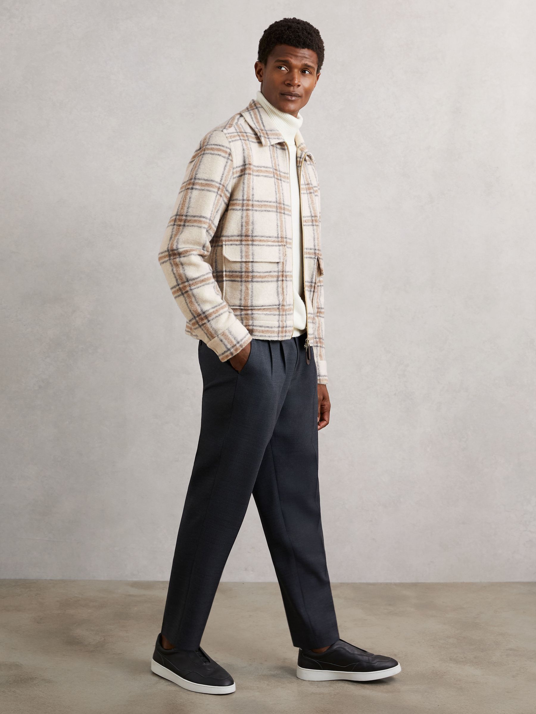 Zip-Through Check Overshirt with Wool in Stone - image 5