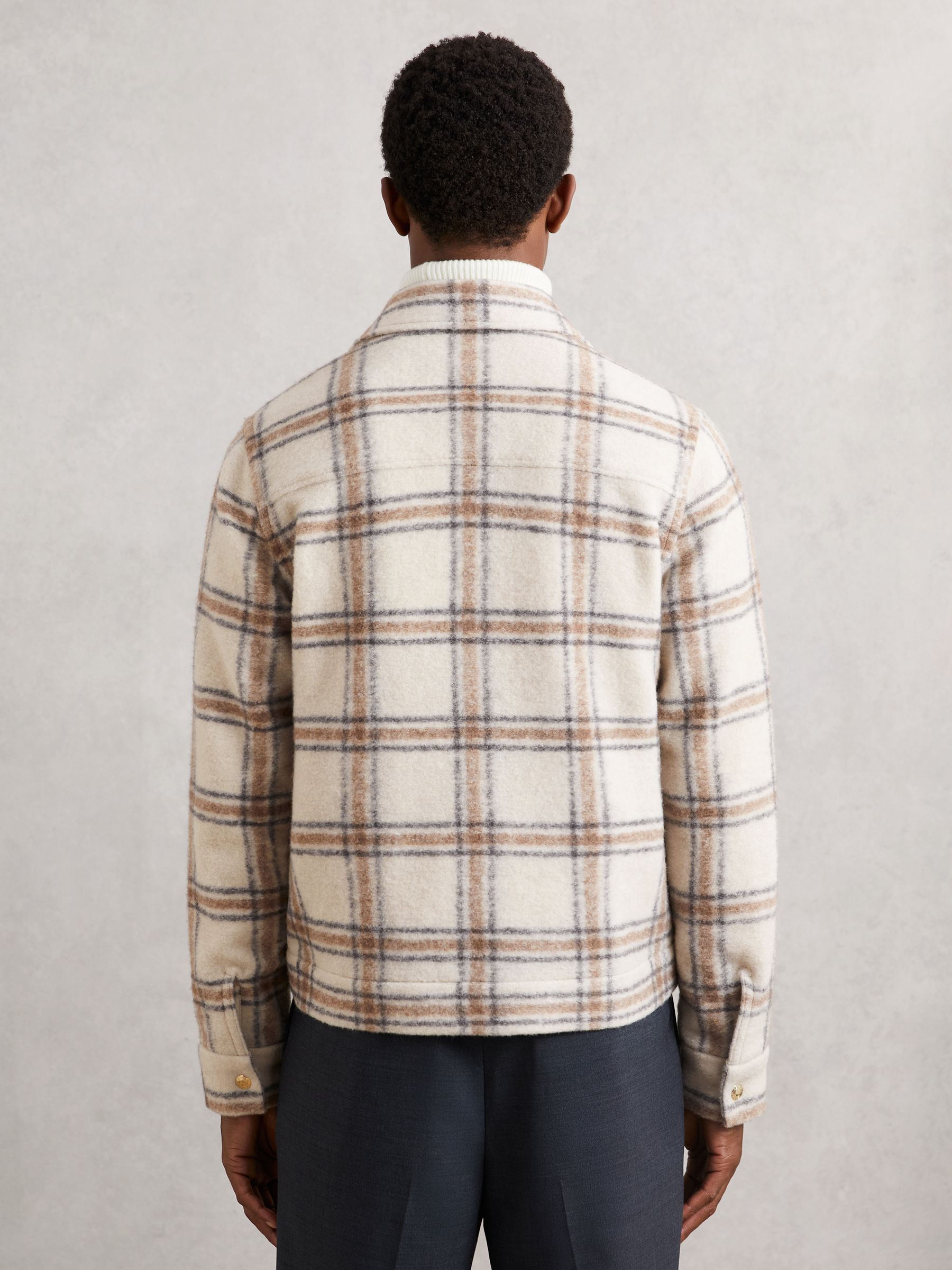 Zip-Through Check Overshirt with Wool in Stone - Image 6 of 7