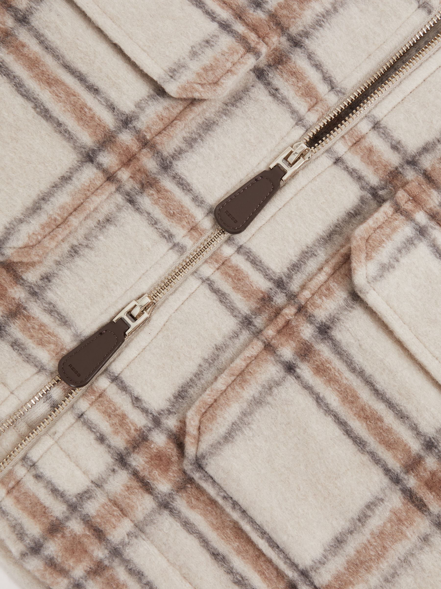 Zip-Through Check Overshirt with Wool in Stone - Image 7 of 7