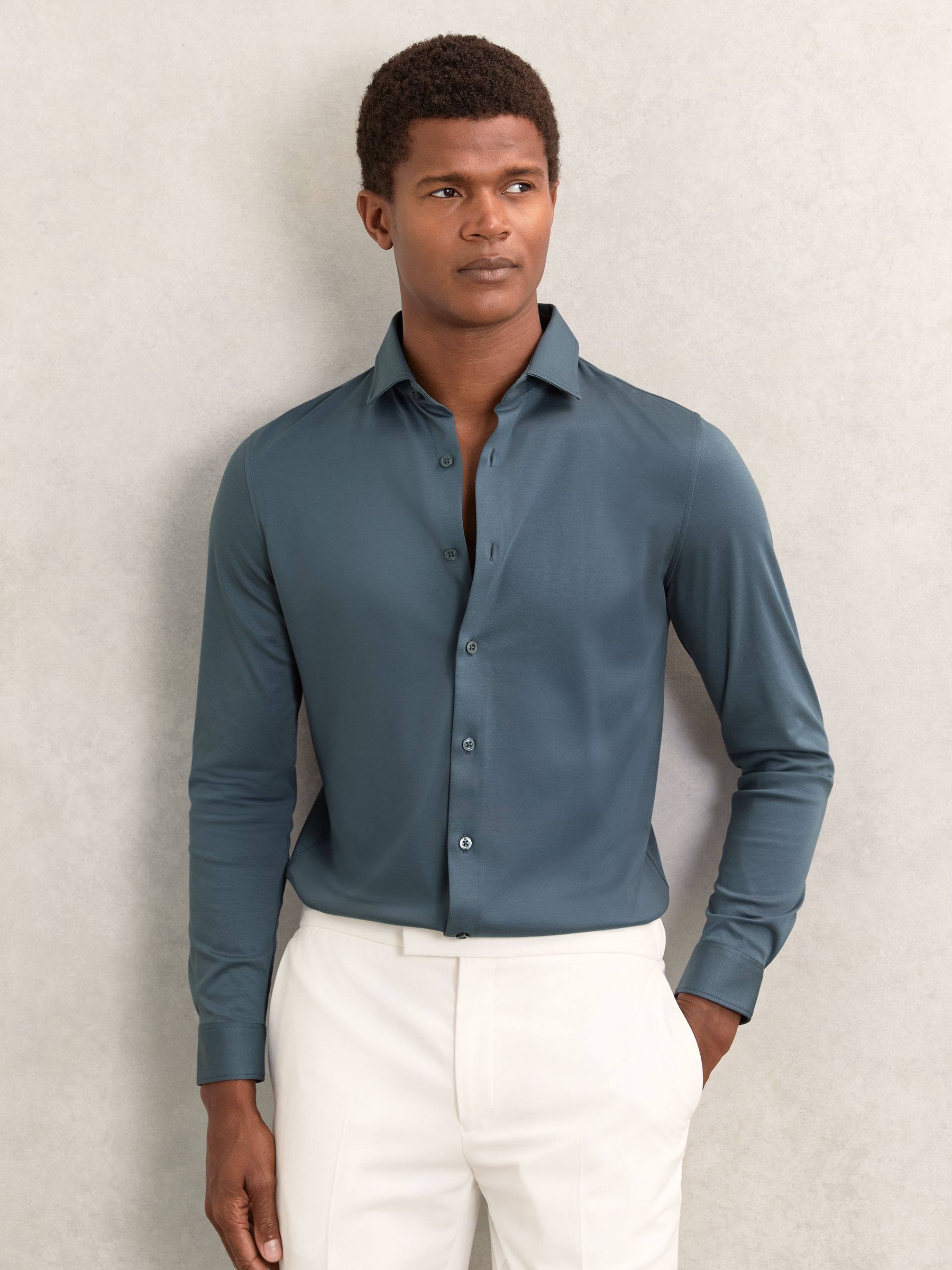 Air-Water Cotton Button-Through Shirt in Airforce Blue - Image 1 of 7