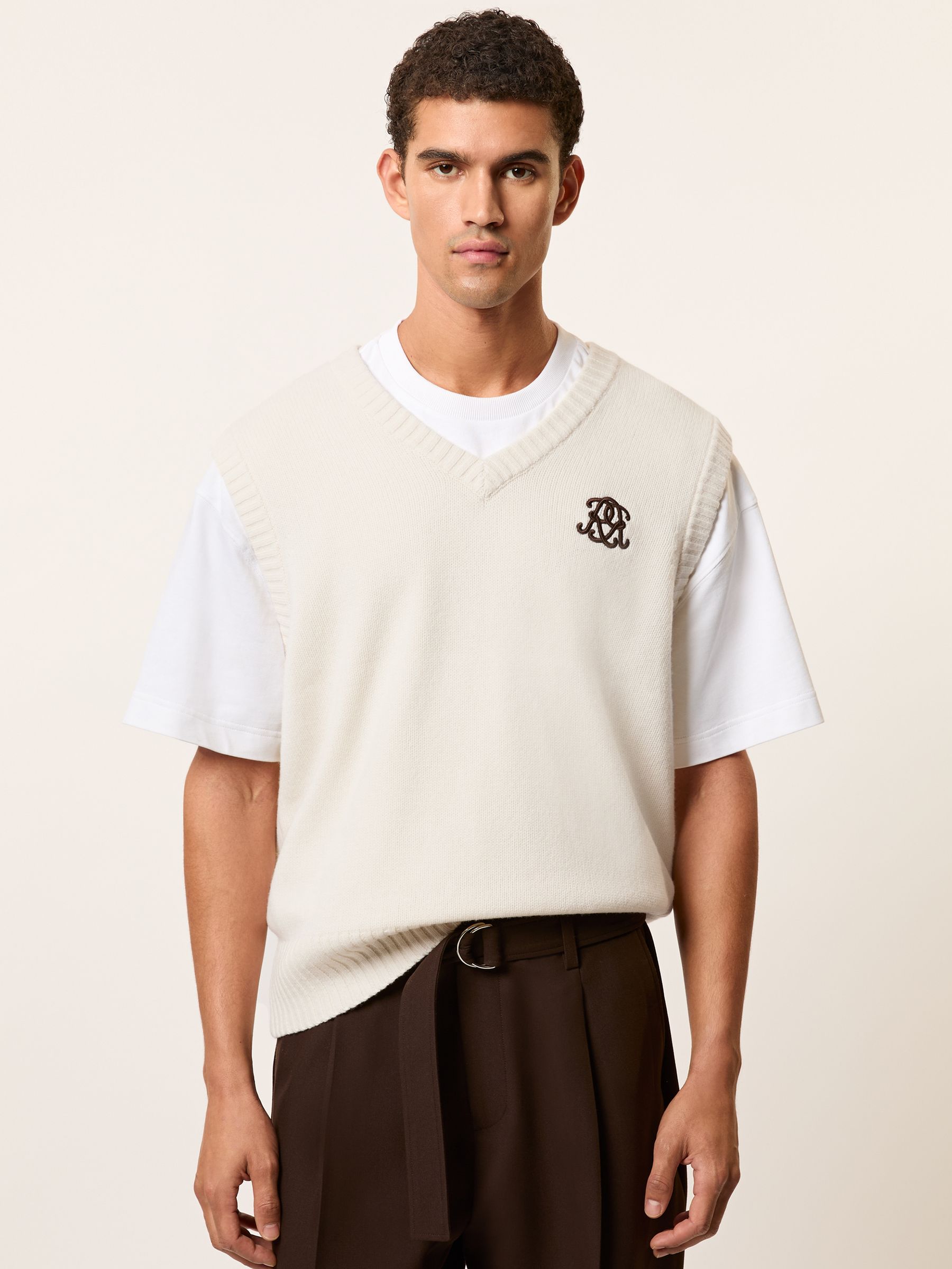 Monogram Embroidered Wool Knit Vest in Off White - Image 1 of 6
