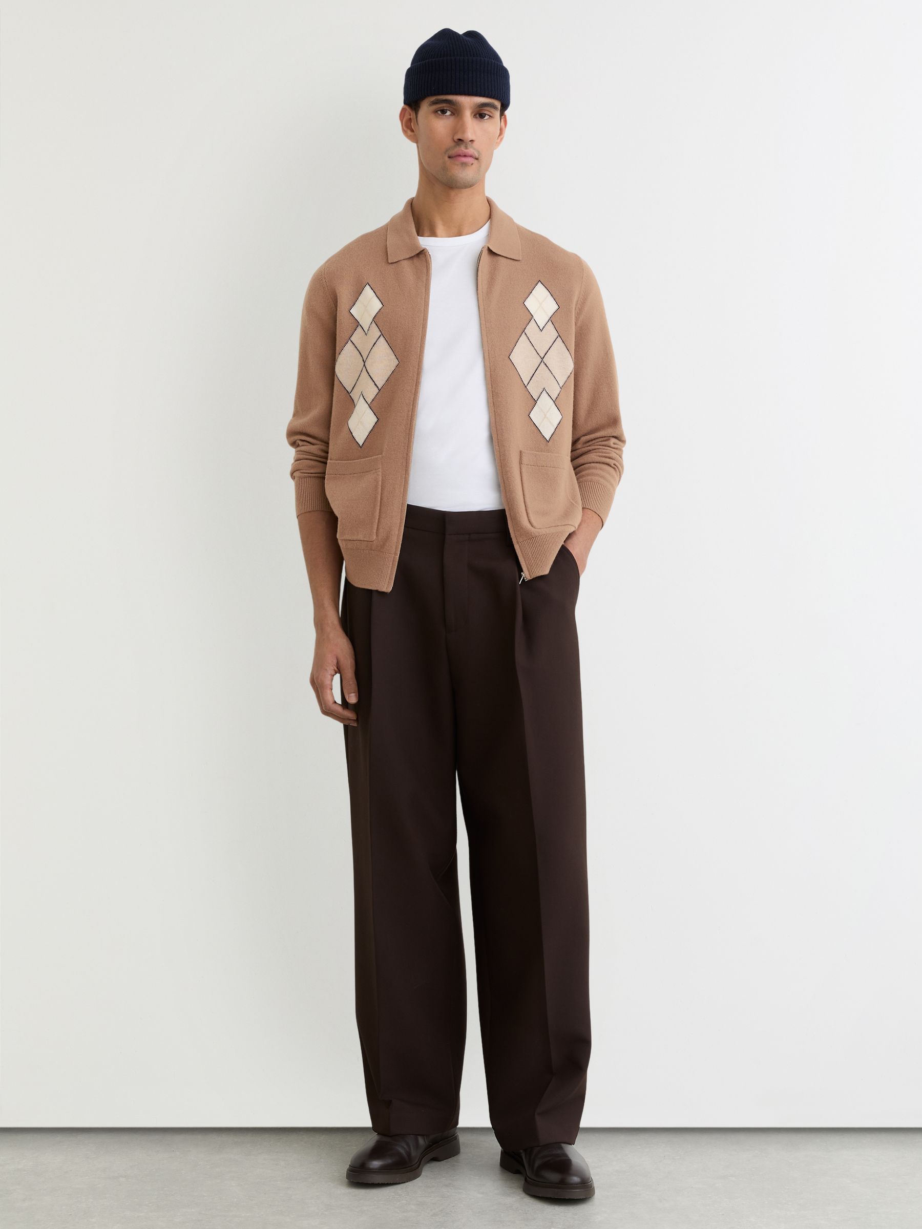 Vlněný kardigan s argyle vzorem na zip v Hnědé barvě - Obrázek 3 z 6