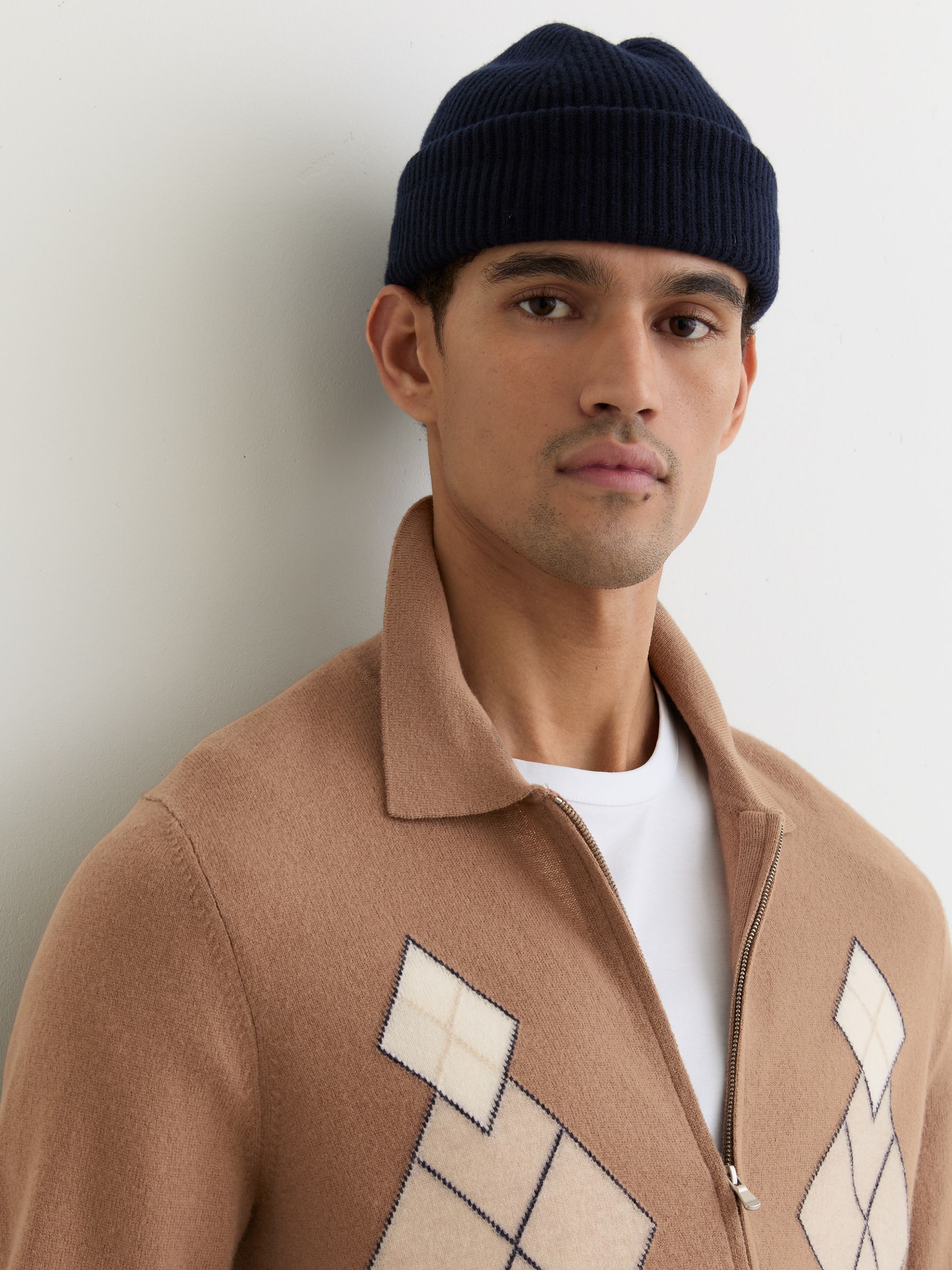 Vlněný kardigan s argyle vzorem na zip v Hnědé barvě - Obrázek 4 z 6