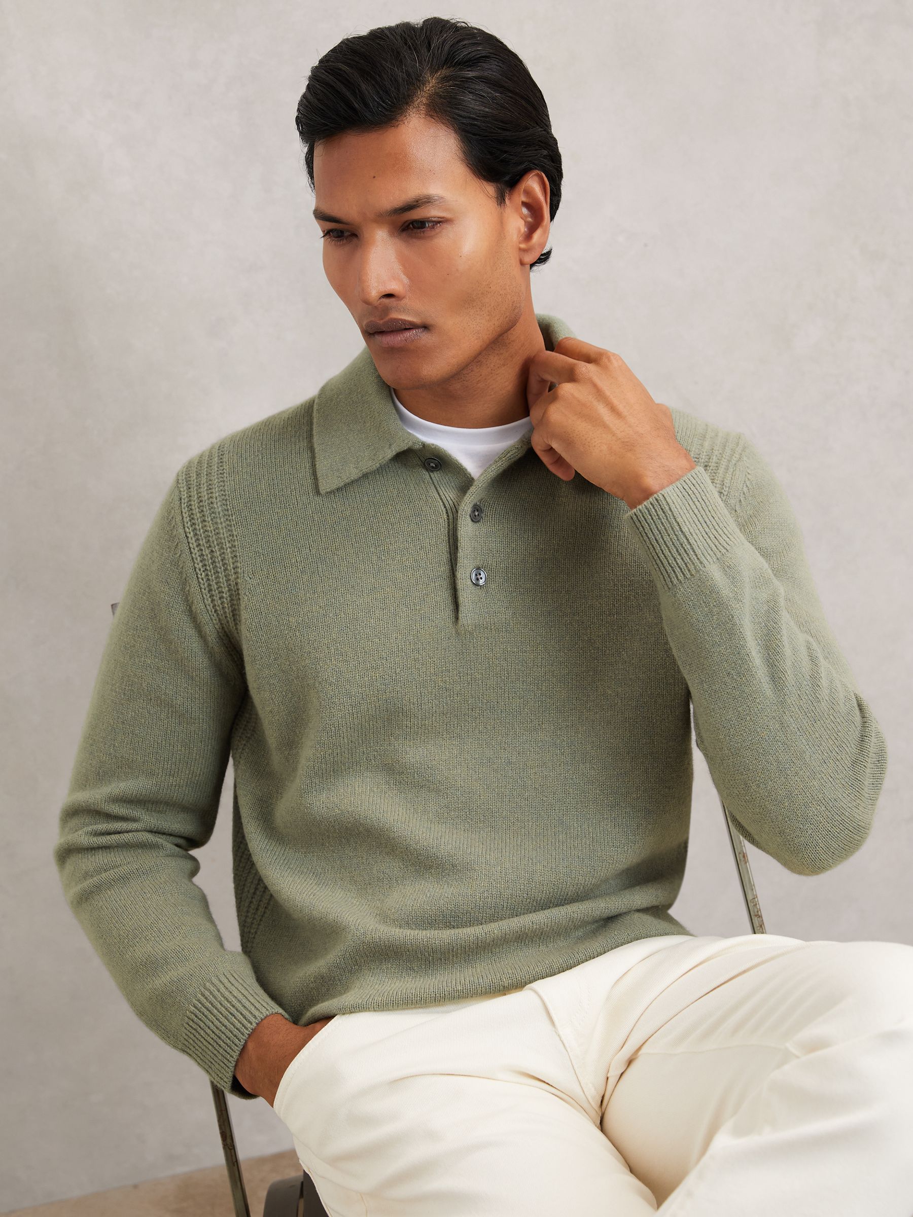 Wool-Blend Polo Jumper with Cashmere in Sage Green - Image 1 of 6 Wool-Blend Polo Jumper with Cashmere in Sage Green - Image 1 of 6