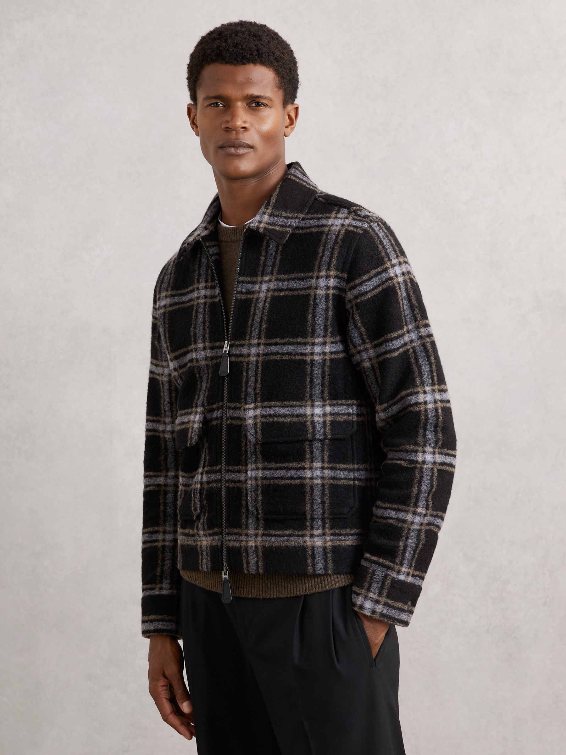 Zip-Through Check Overshirt with Wool in Navy - Image 1 of 6 Zip-Through Check Overshirt with Wool in Navy - Image 1 of 6