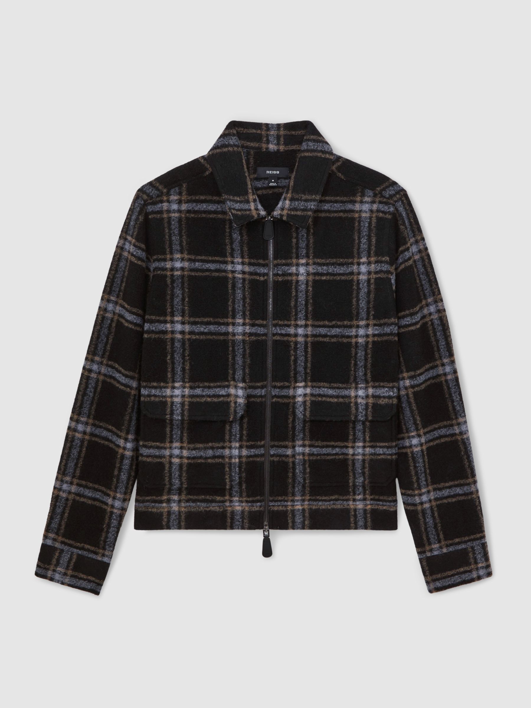 Zip-Through Check Overshirt with Wool in Navy - Image 2 of 6