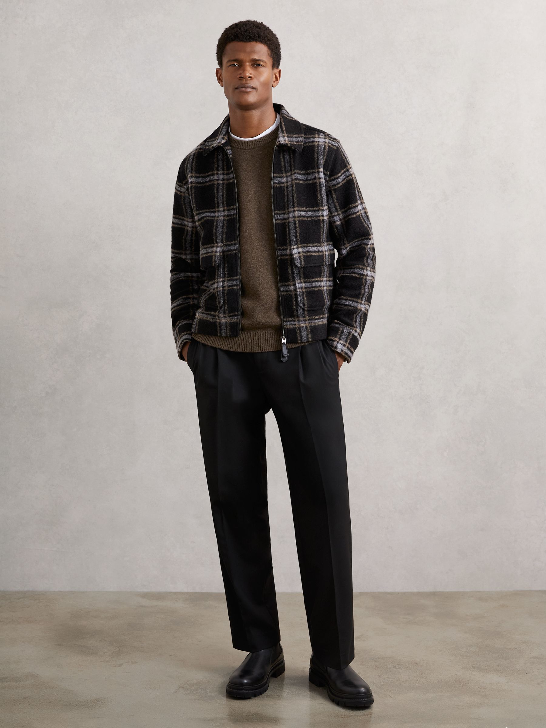 Zip-Through Check Overshirt with Wool in Navy - Image 3 of 6