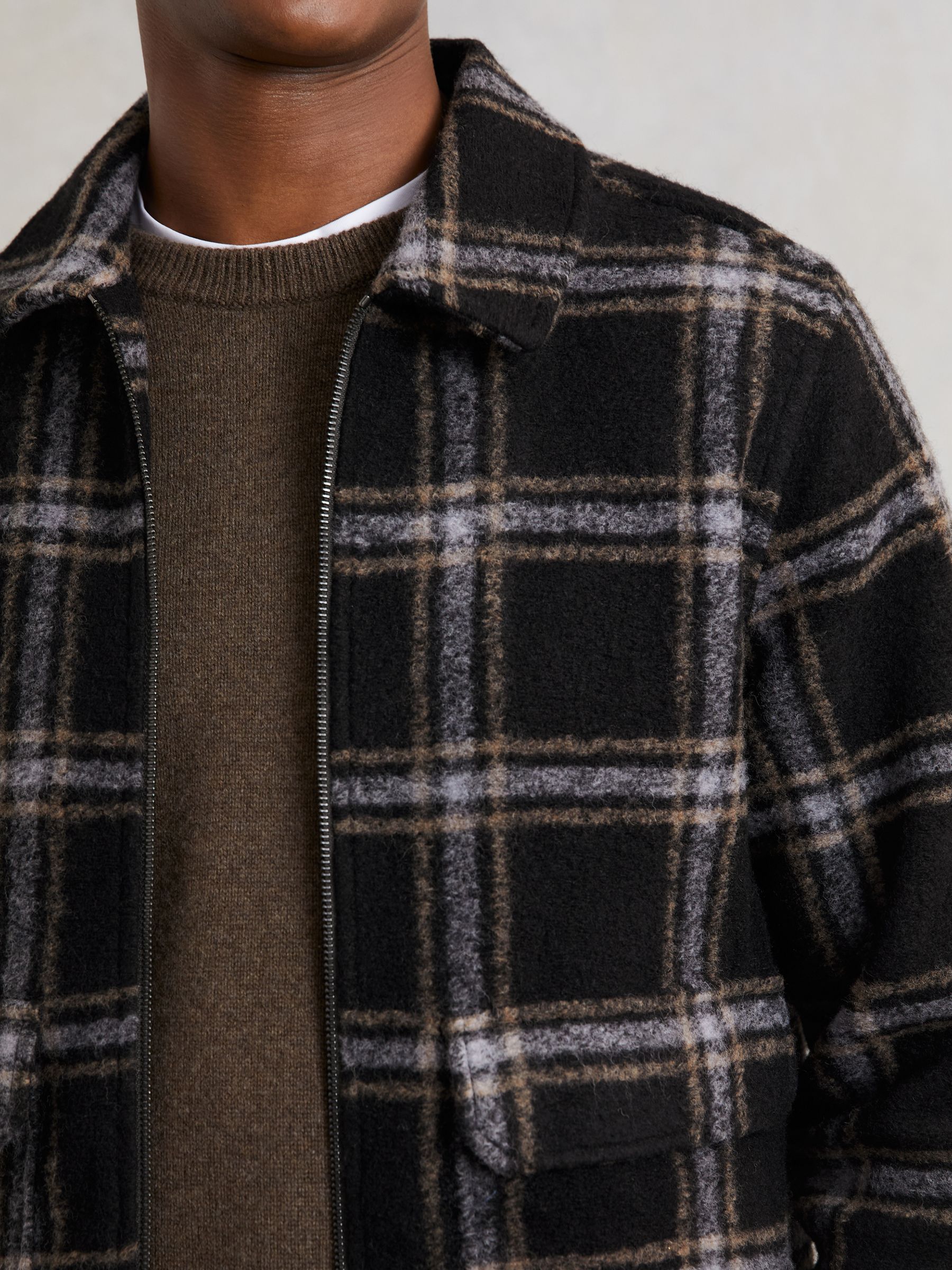 Zip-Through Check Overshirt with Wool in Navy - Image 4 of 6