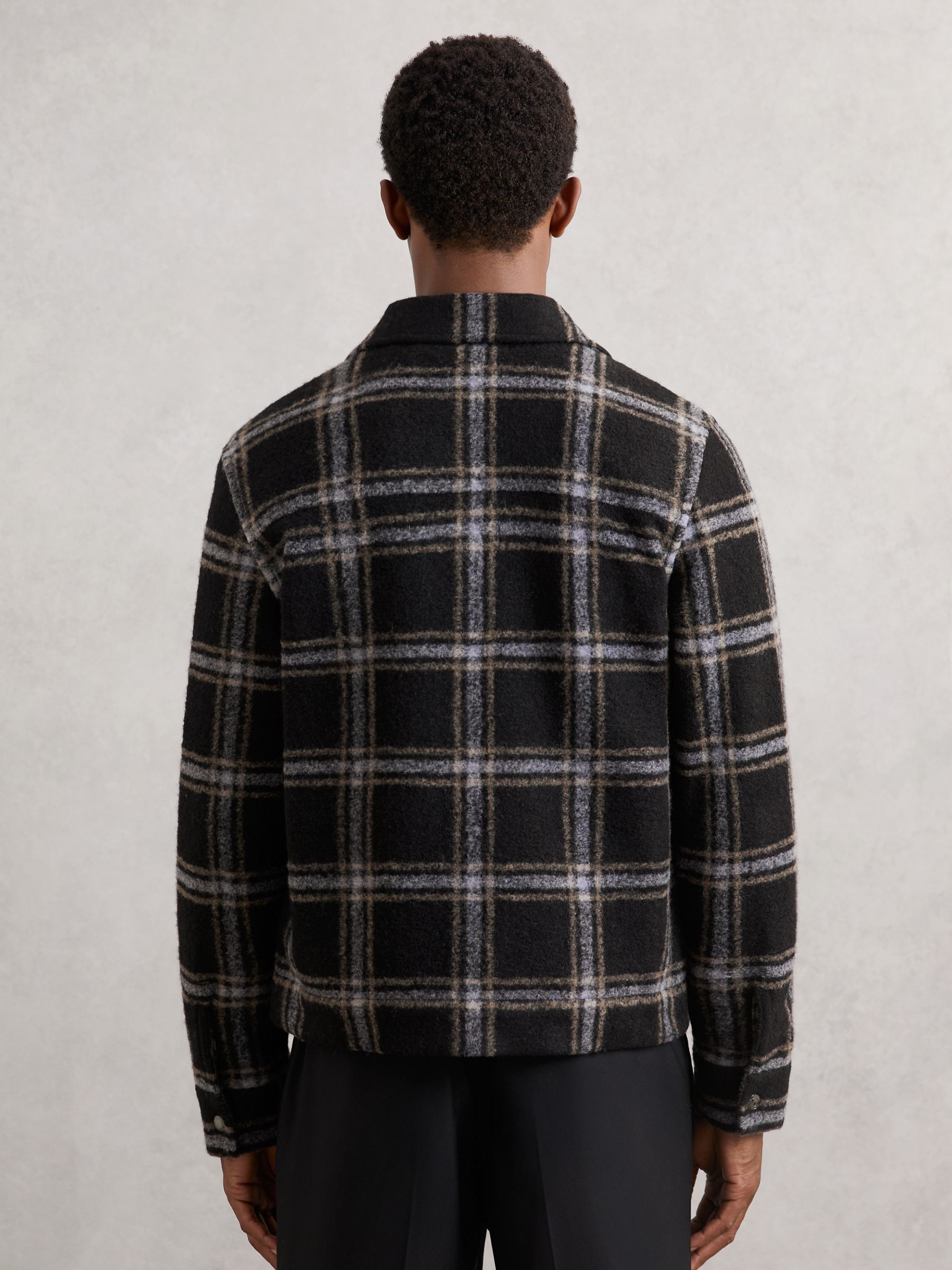 Zip-Through Check Overshirt with Wool in Navy - Image 5 of 6