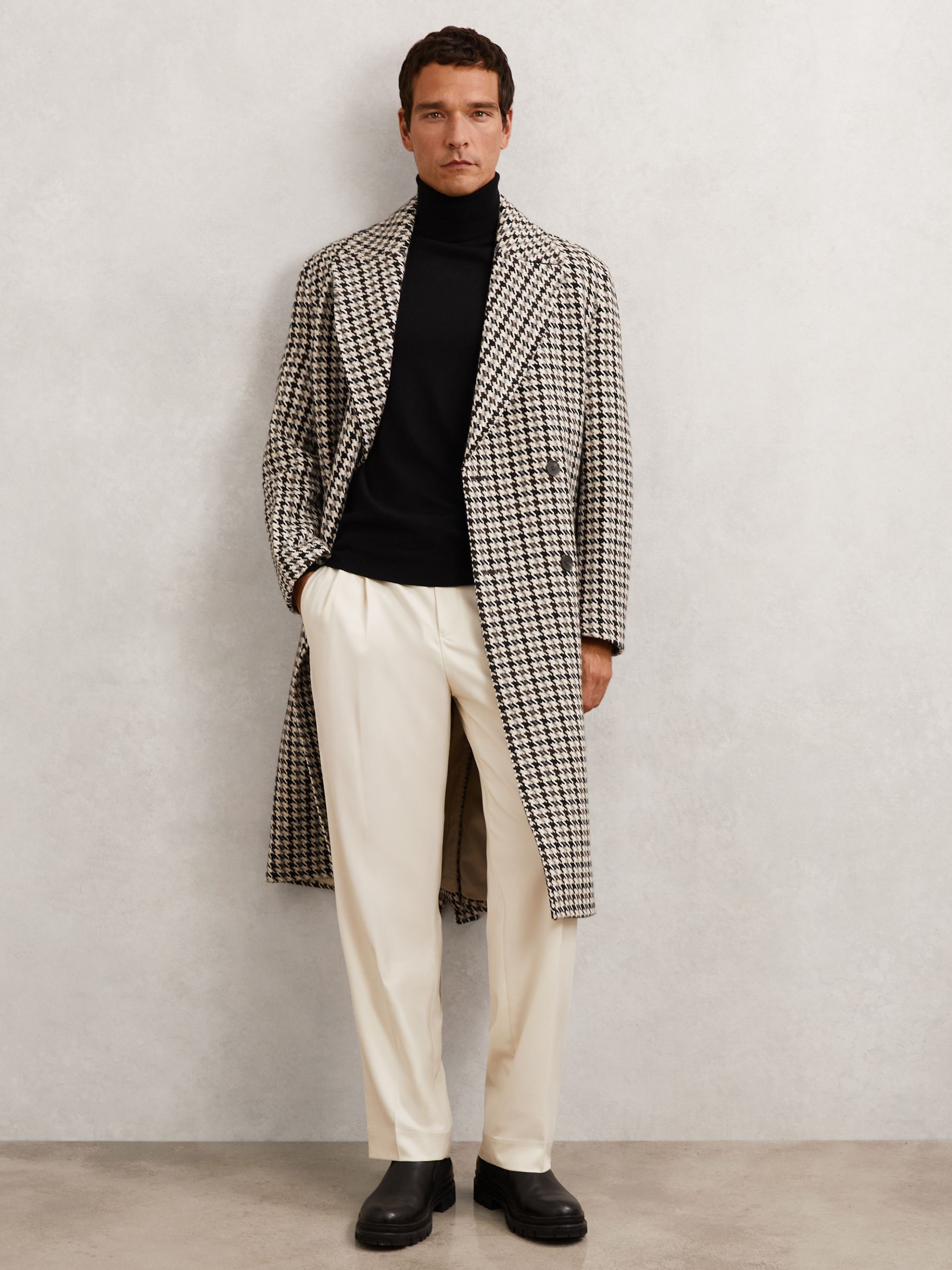 Wool Dogtooth Double-Breasted Overcoat in Brown Multi - image 5