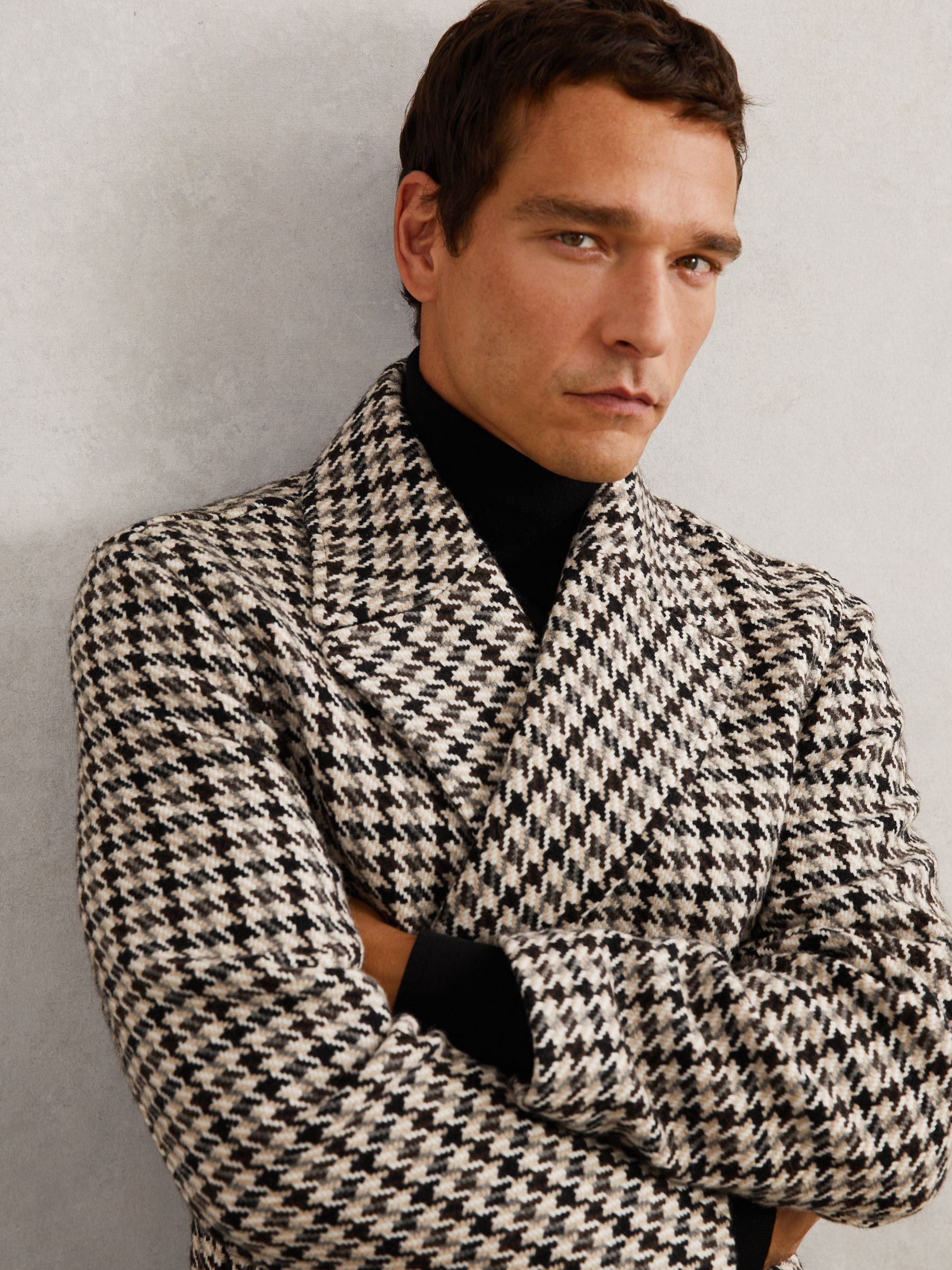 Wool Dogtooth Double-Breasted Overcoat in Brown Multi - image 3