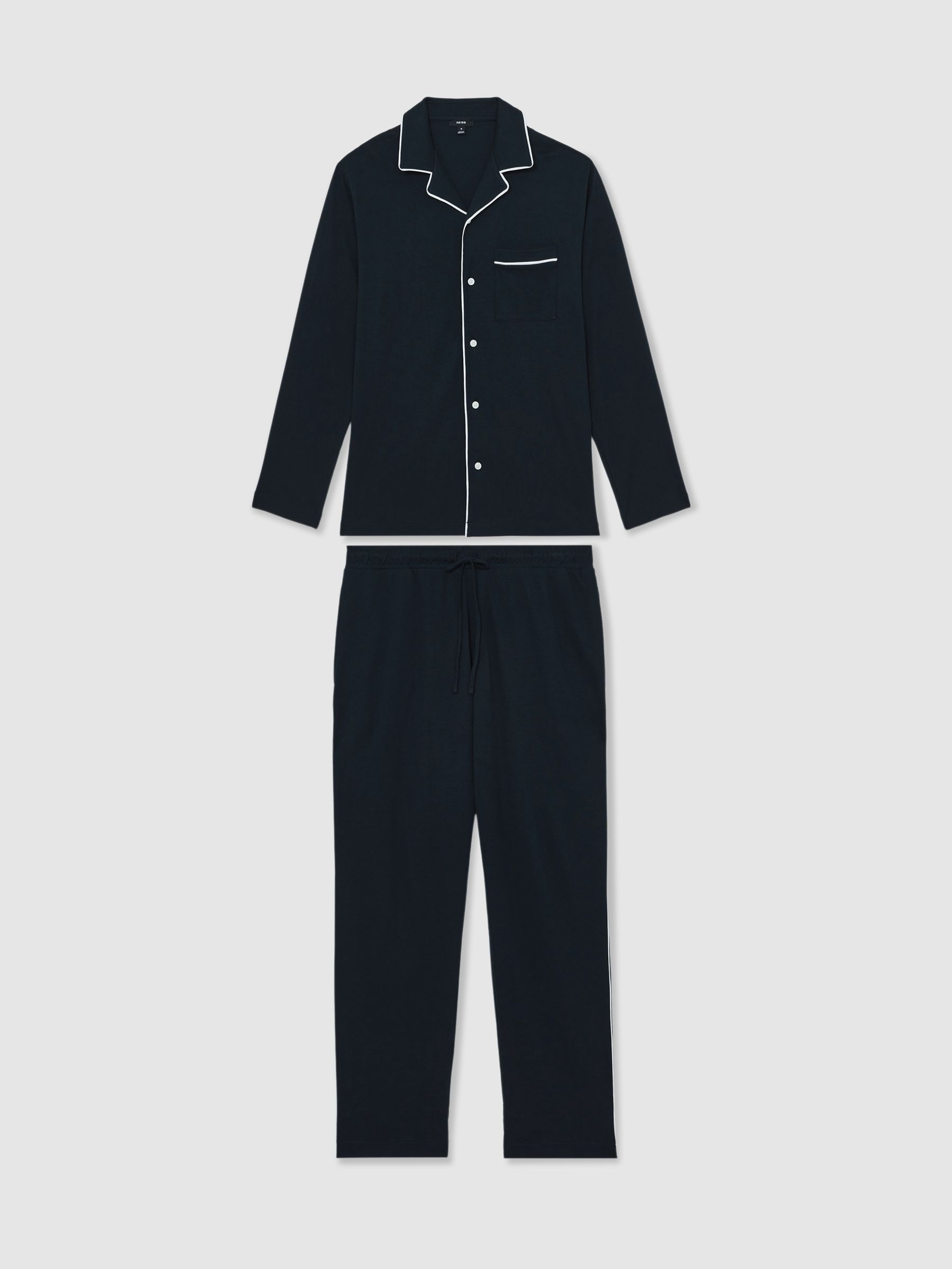 Cotton Piped Pyjamas Set in Navy - Image 2 of 9