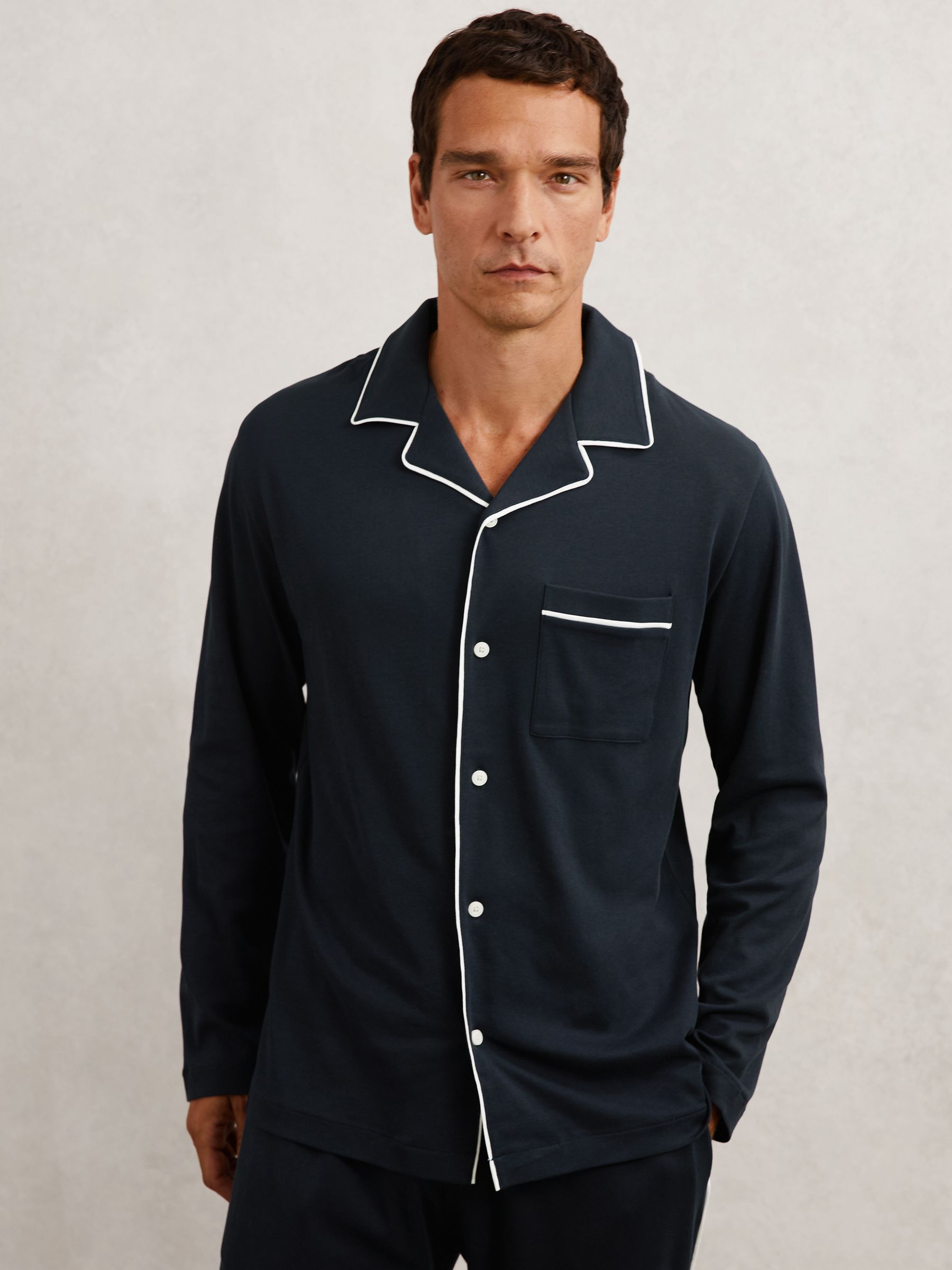 Cotton Piped Pyjamas Set in Navy - Image 3 of 9