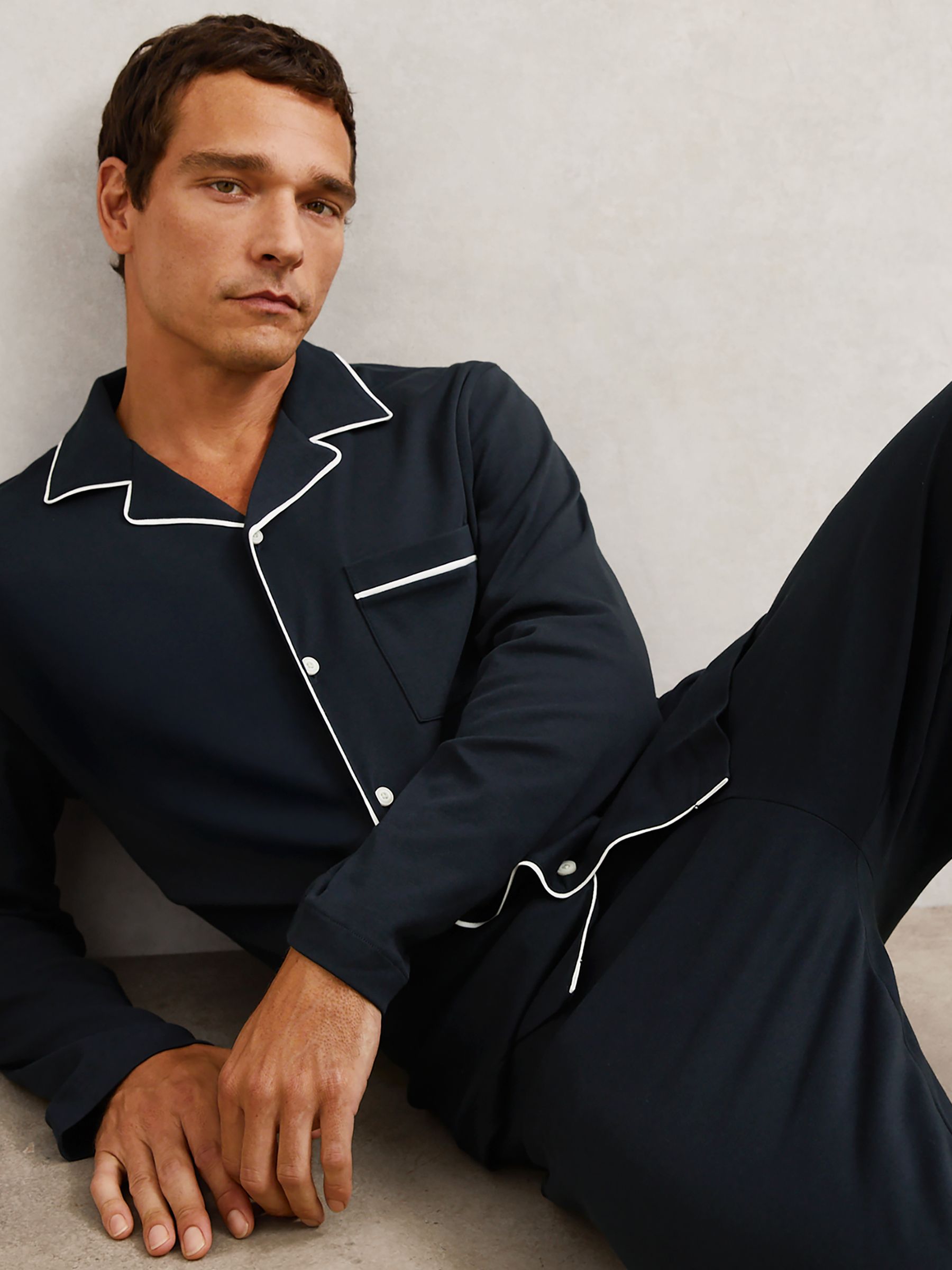 Cotton Piped Pyjamas Set in Navy - Image 4 of 9