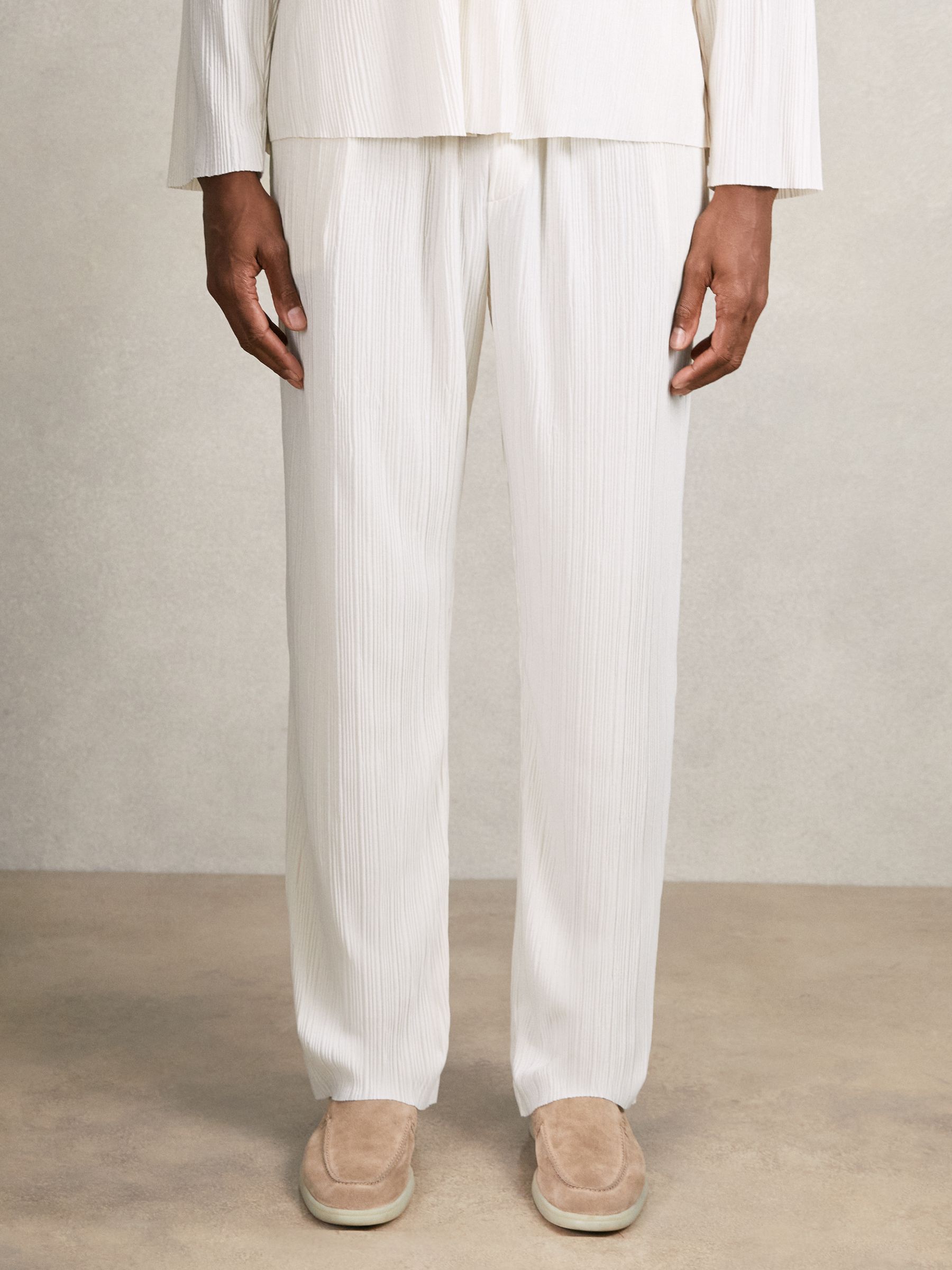 Reiss Wide Leg Plisse Trousers in Off White | REISS