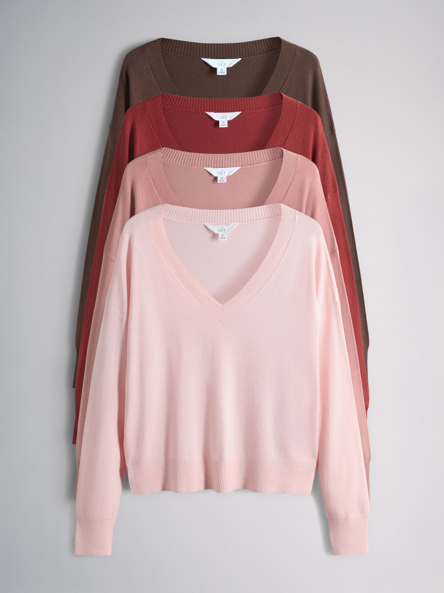 4 Pack Fine Knit V-Neck Jumpers Brown/Red/Pink 4 Pack - Image 1 of 6