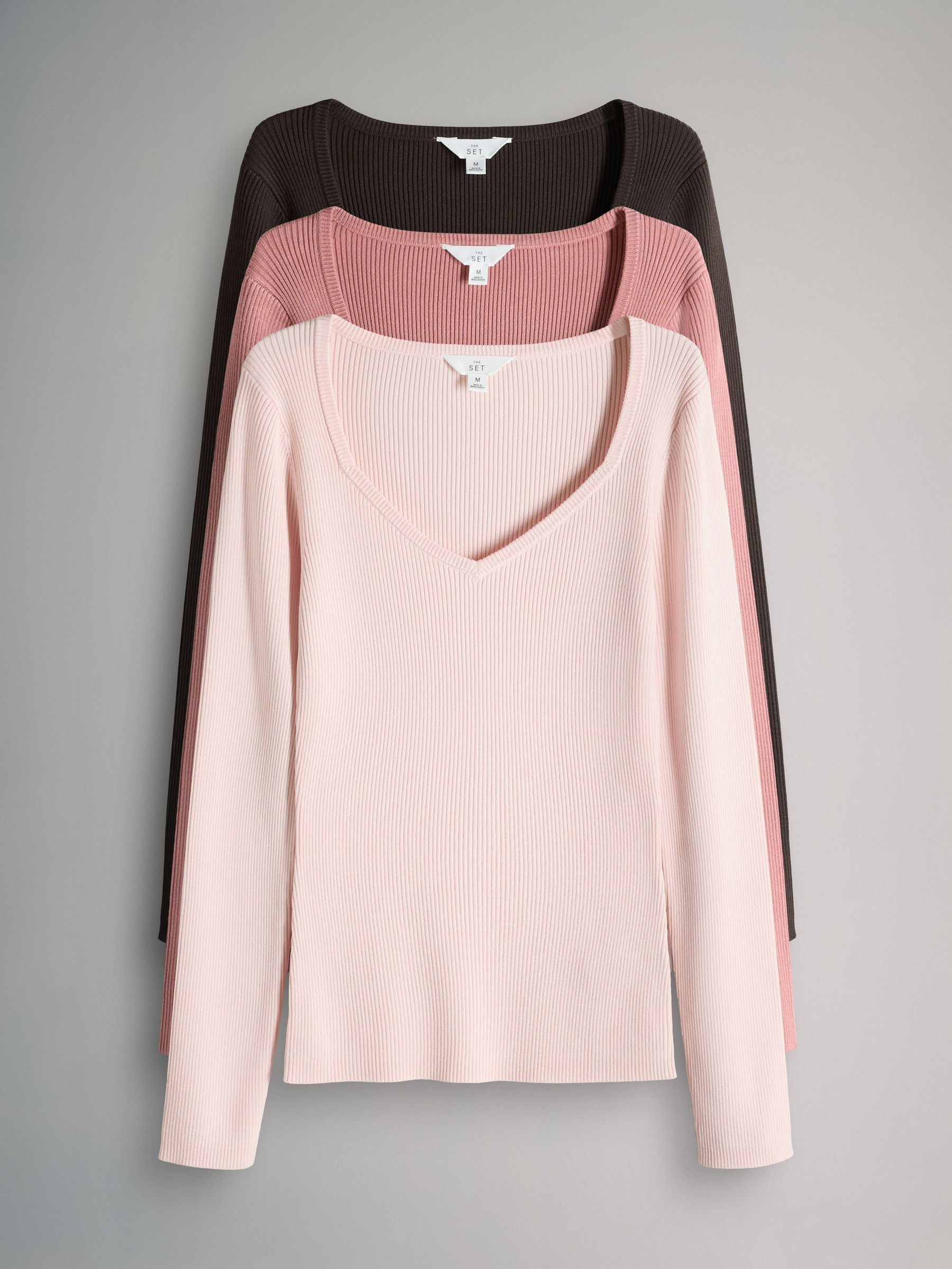 3 Pack Knitted Sweatheart Long Sleeve Tops Pink/Chocolate Brown - Image 1 of 6