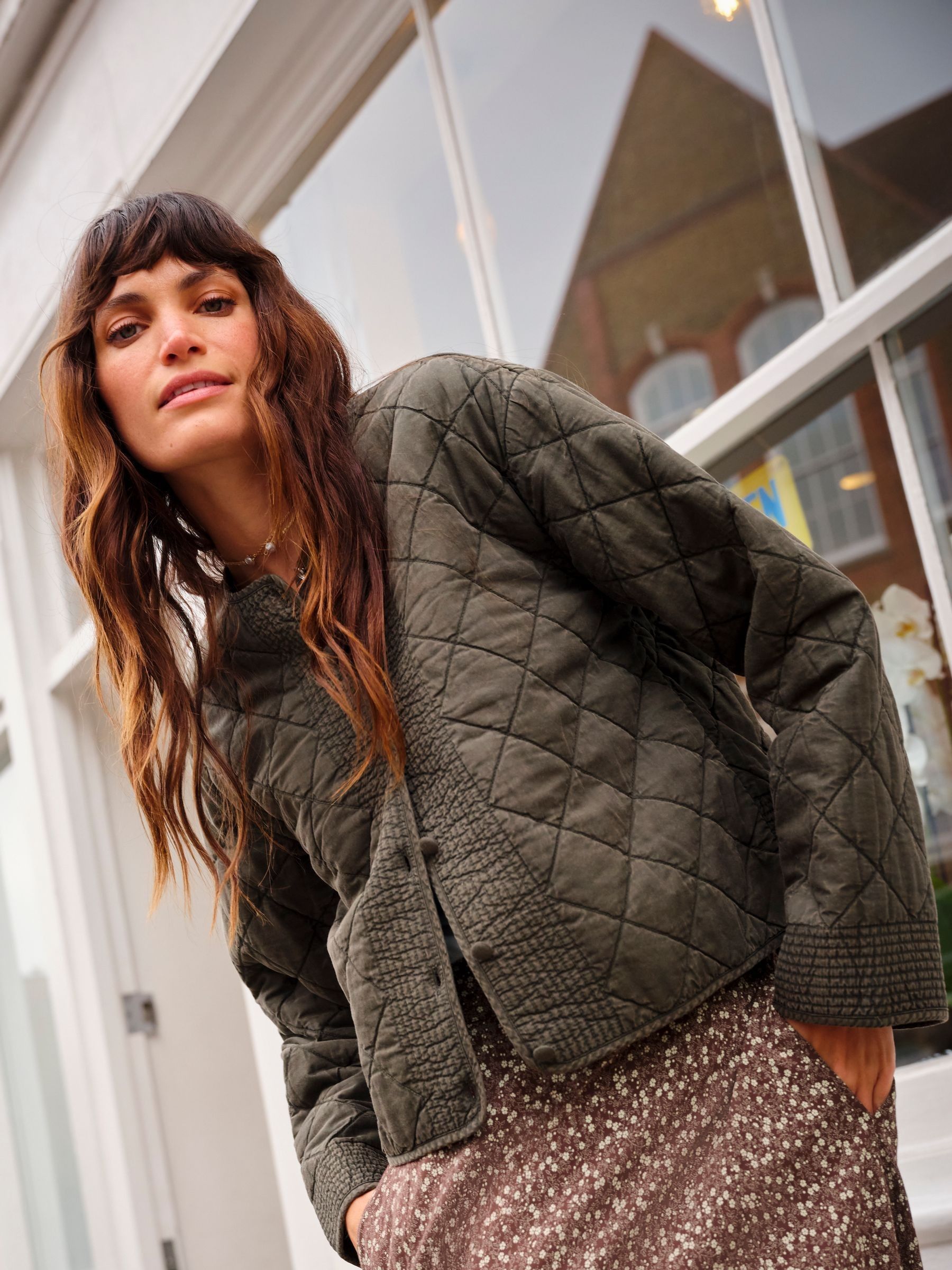 Fleur Khaki Green Regular Embroidered Quilted Jacket | FatFace