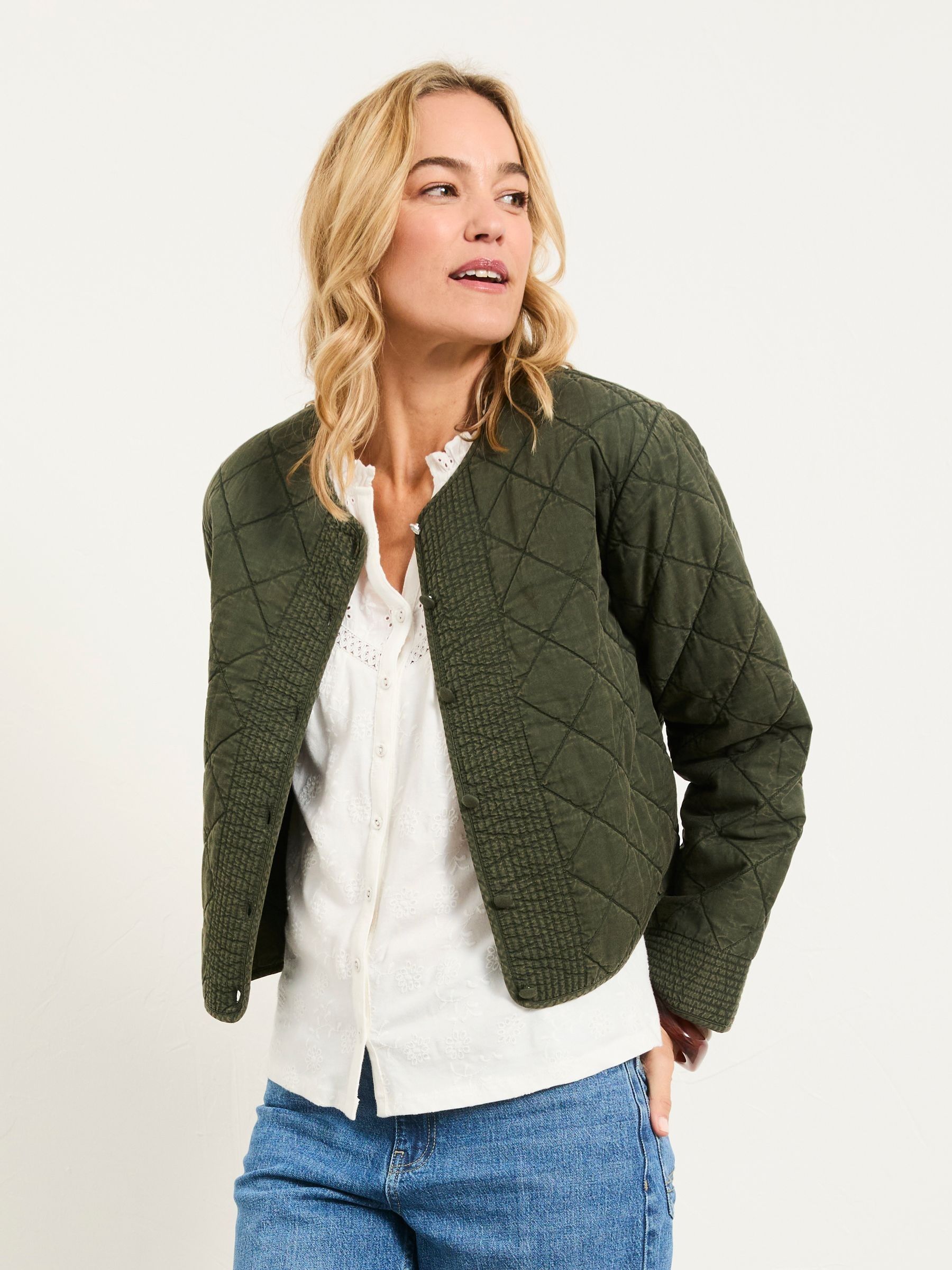 Fleur Khaki Green Regular Embroidered Quilted Jacket - Image 2 of 7