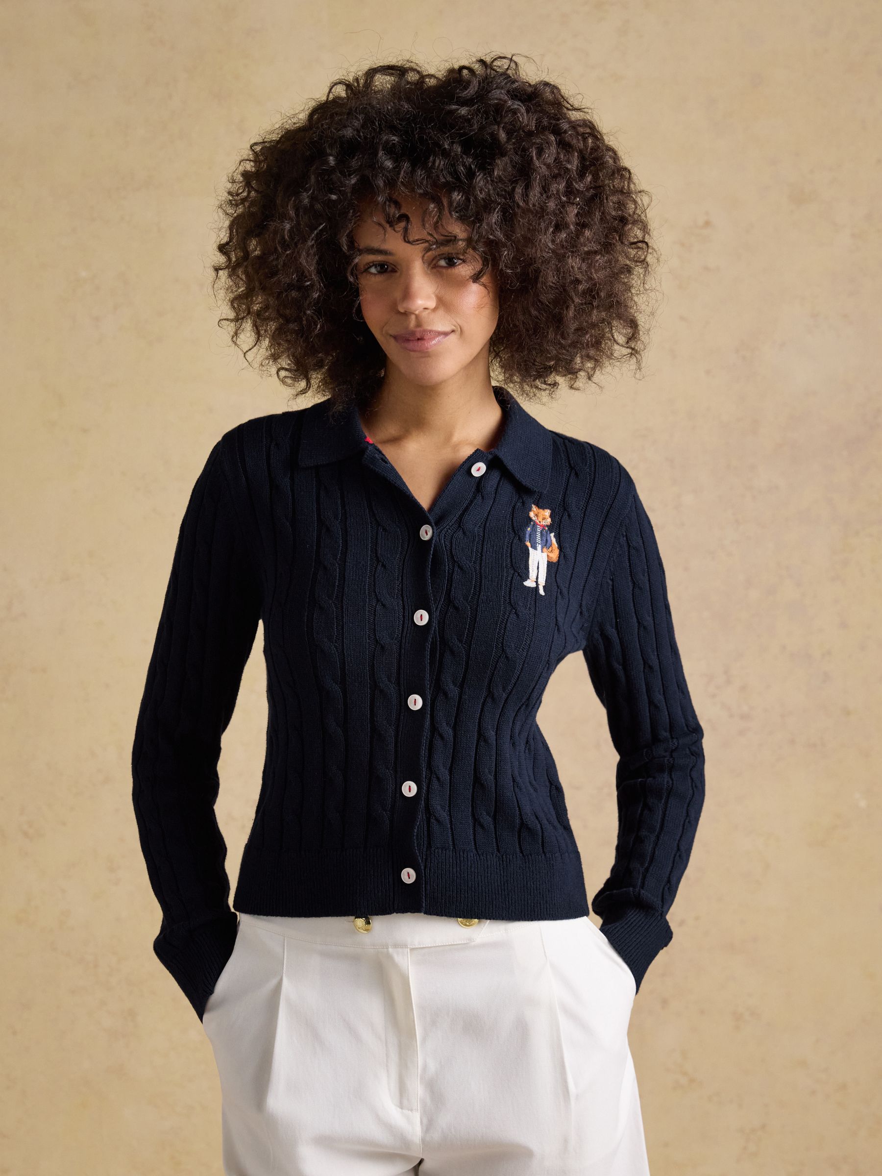 Navy Jonty Fox Embroided Cotton Cable Knit Cardigan | Joules