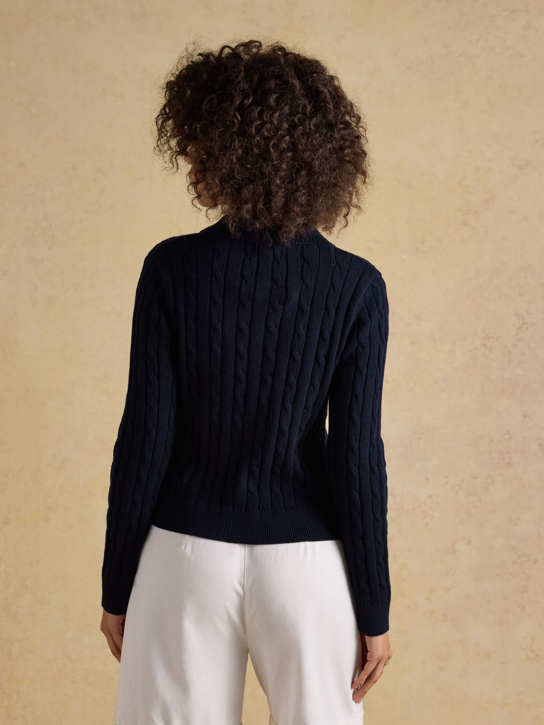 Navy Cotton Cable Knit Cardigan with Collar - Image 2 of 7