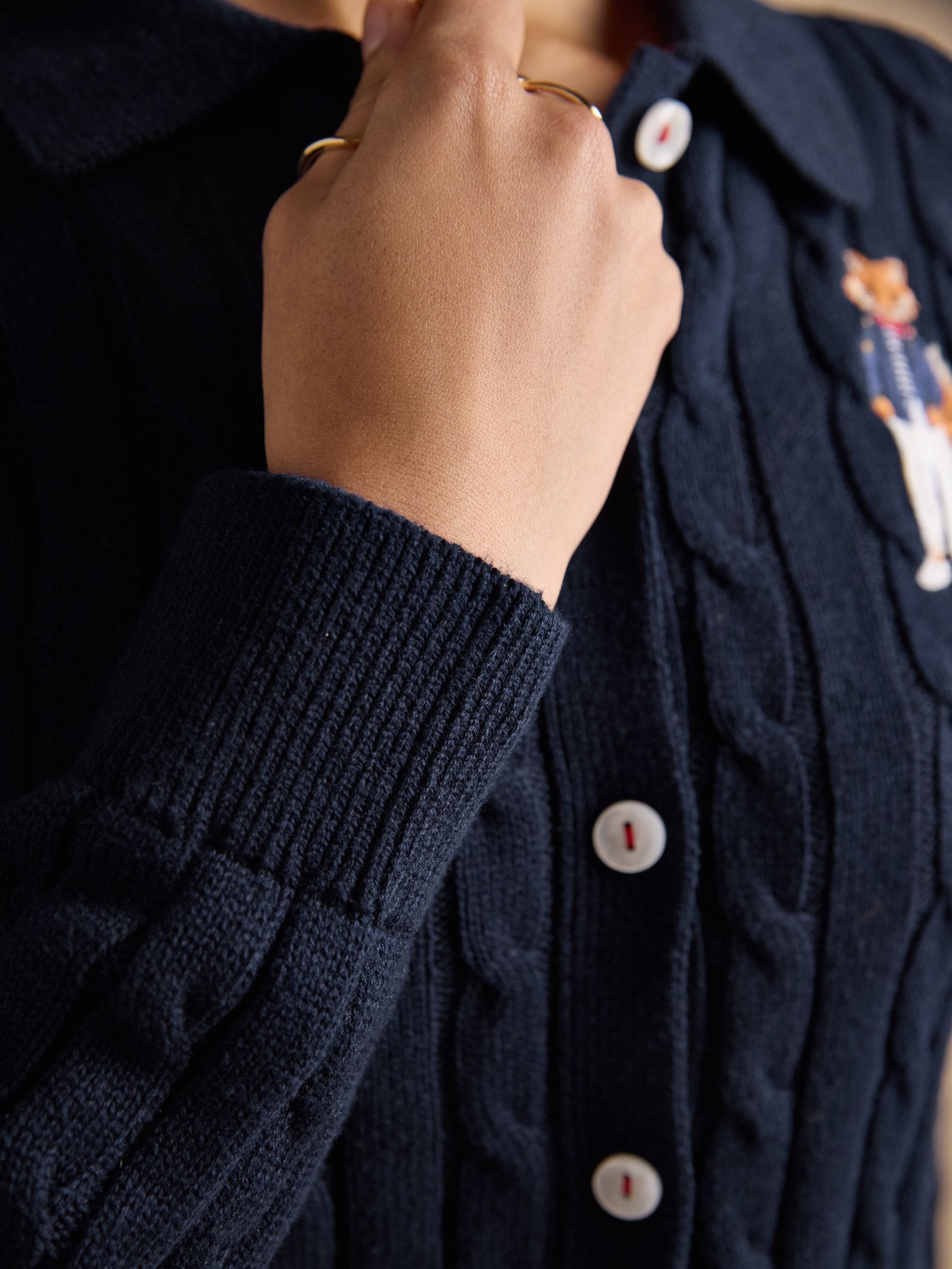 Navy Cotton Cable Knit Cardigan with Collar - Image 4 of 7