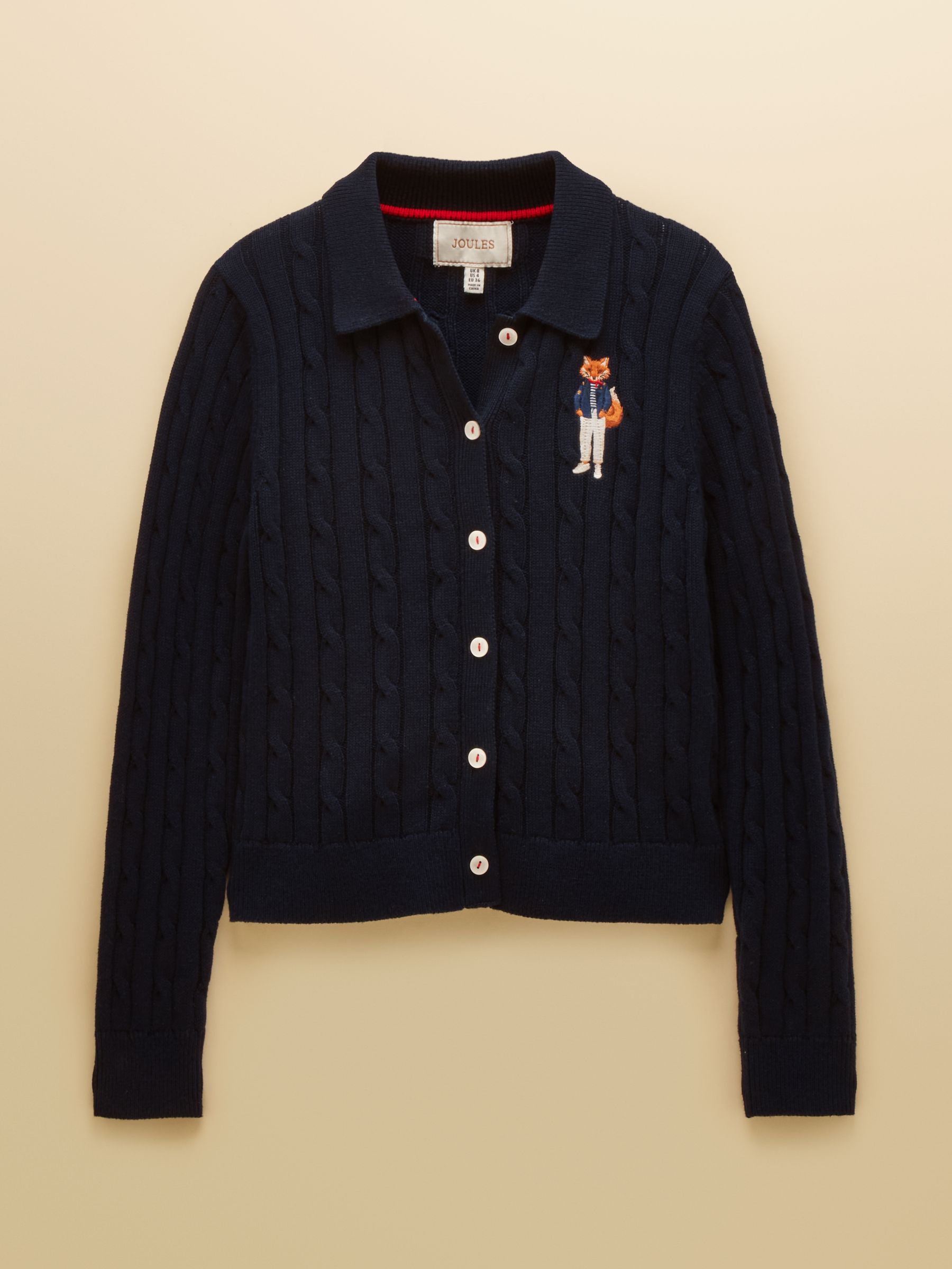 Navy Jonty Fox Embroided Cotton Cable Knit Cardigan | Joules