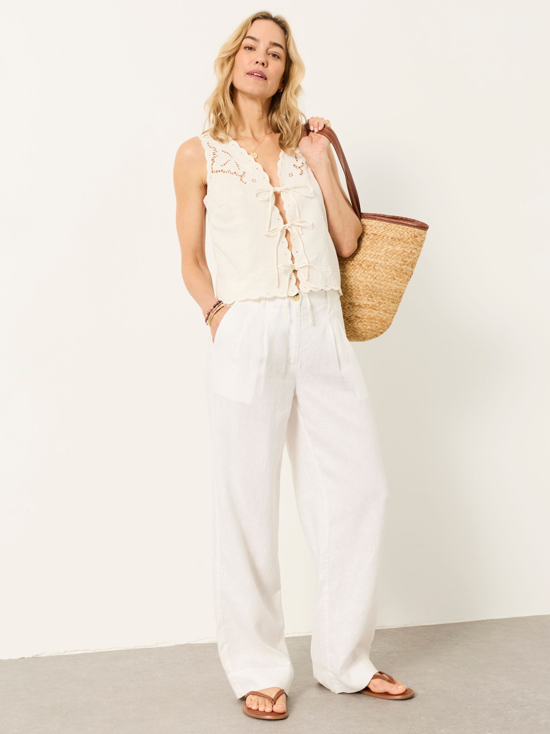 White Wide Leg Linen Trousers - Image 2 of 6