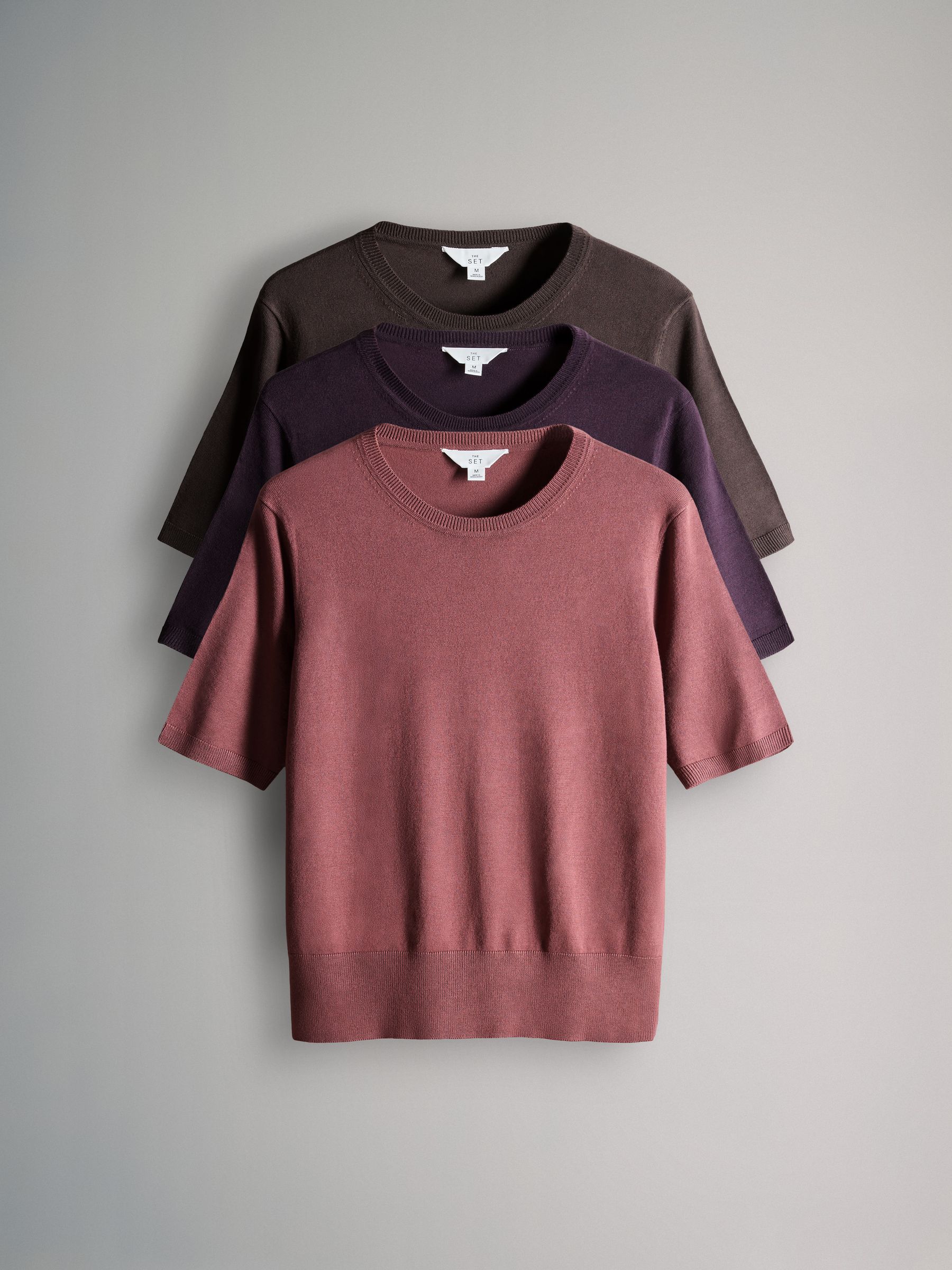 Plum/Dark Pink/Brown Fine Knit T-Shirts 3 Pack - Image 1 of 6