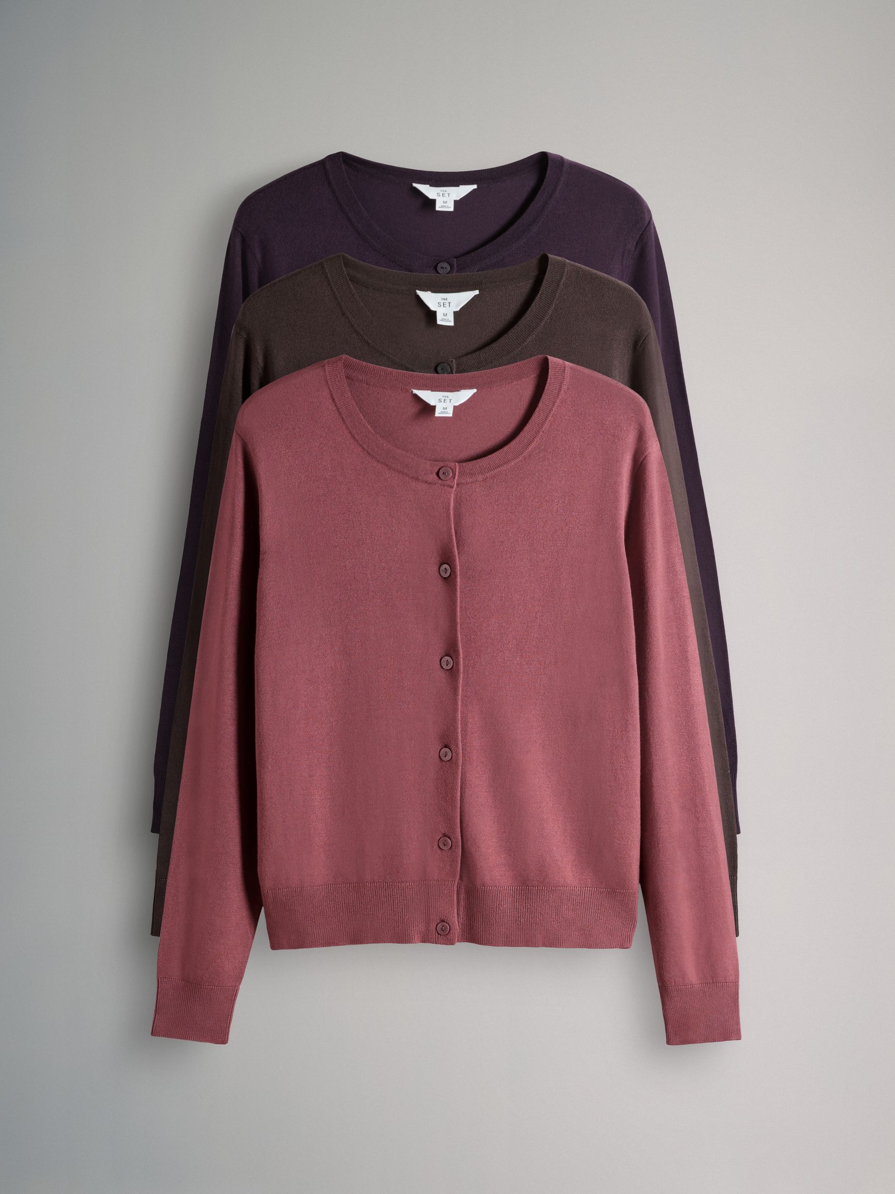 Plum/Dark Pink/Brown Fine Knit Button Through Cardigans 3 Pack - Image 1 of 6 Plum/Dark Pink/Brown Fine Knit Button Through Cardigans 3 Pack - Image 1 of 6