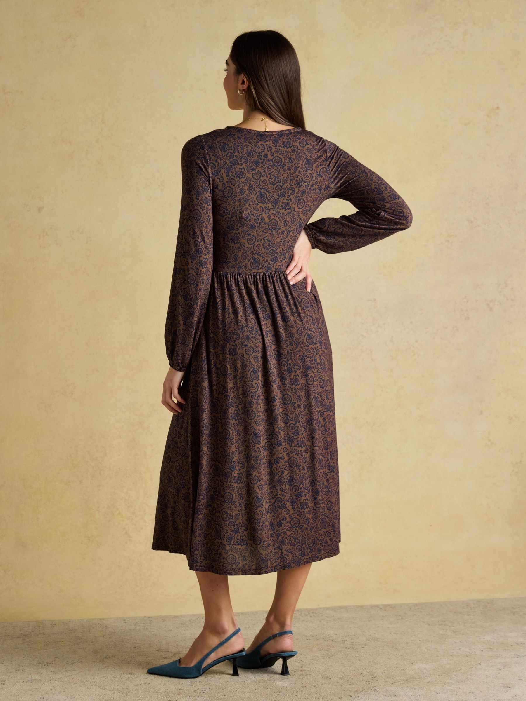Nia Brown Floral V-neck Long Sleeve Midaxi Dress - Image 2 of 8