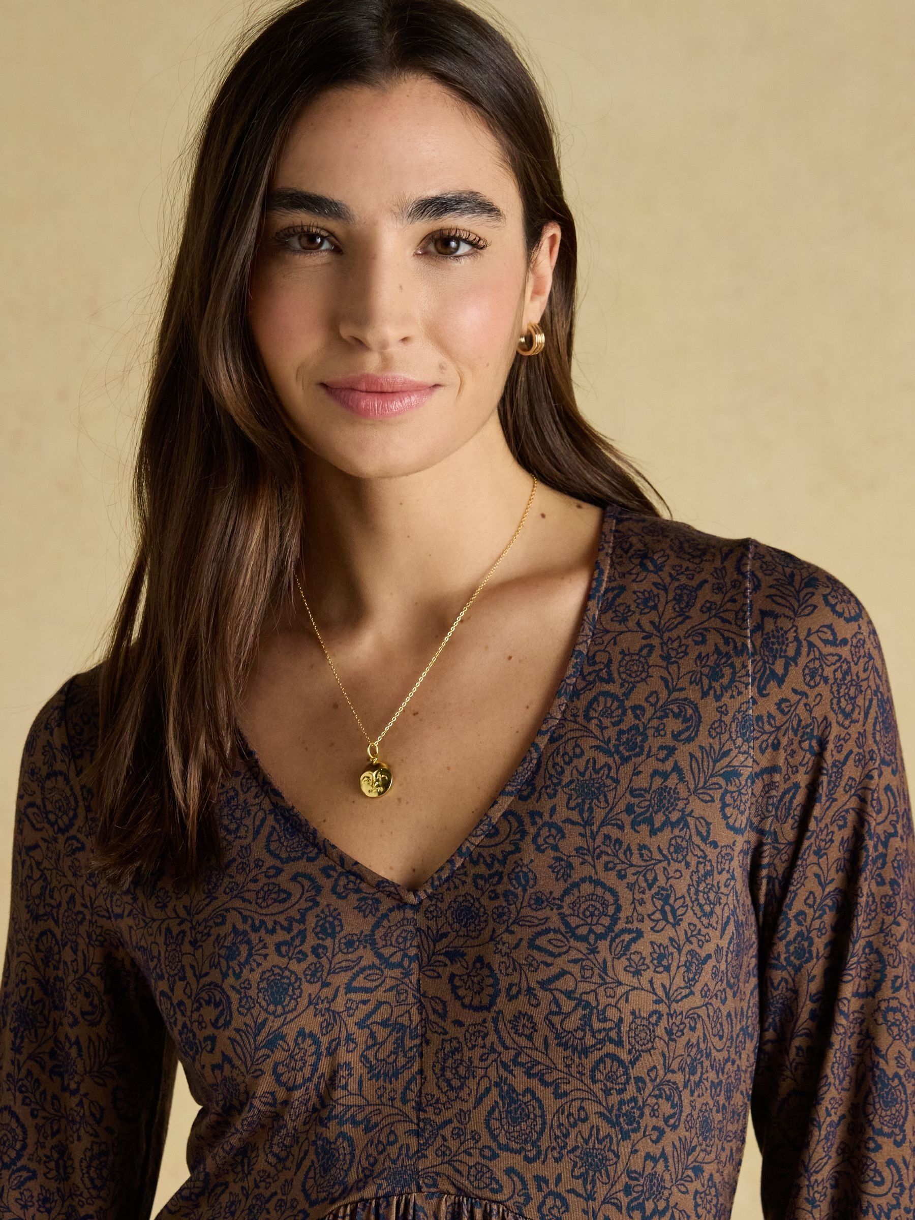 Nia Brown Floral V-neck Long Sleeve Midaxi Dress - Image 3 of 8