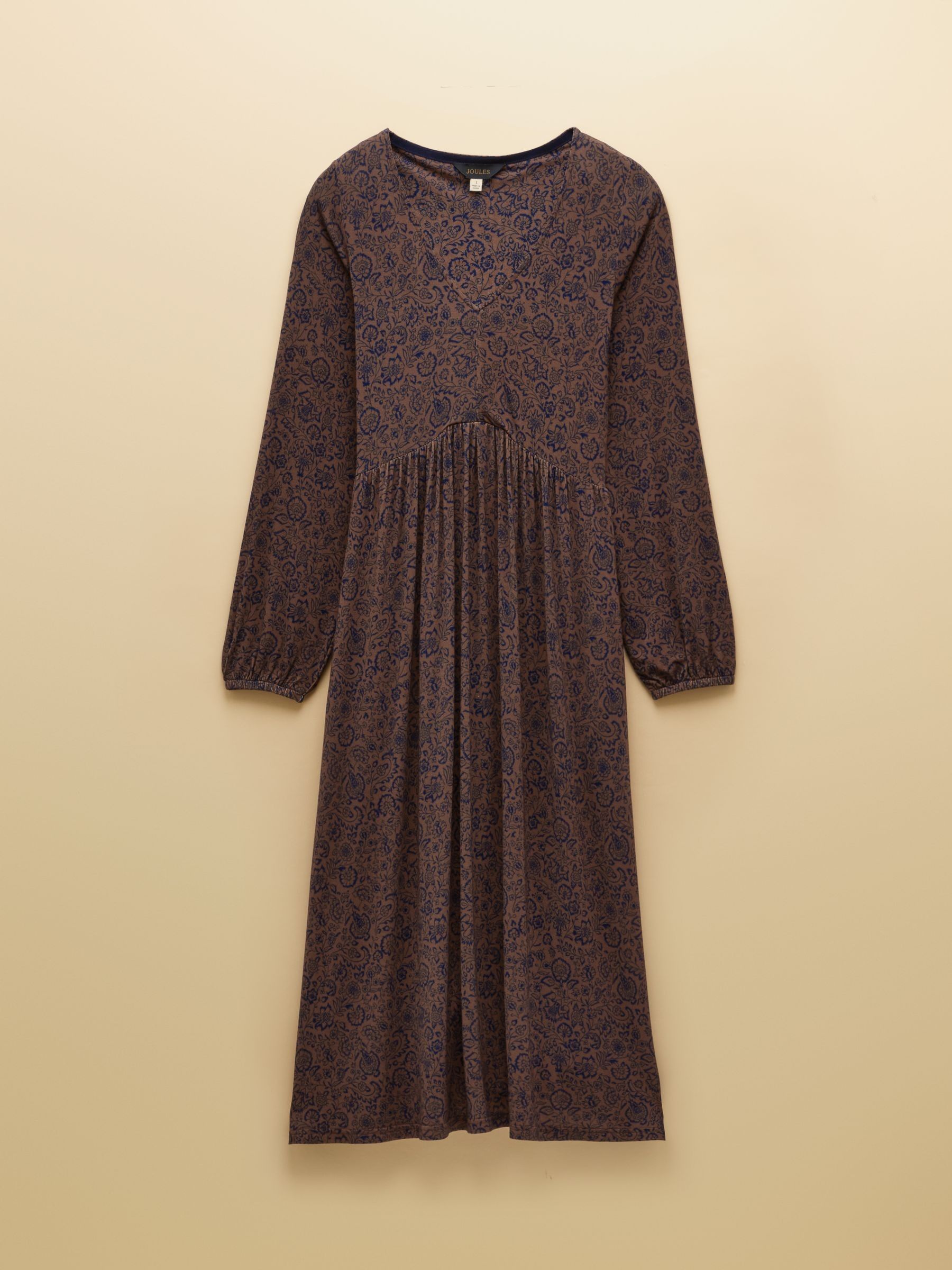 Nia Brown Floral V-Neck Long Sleeve Midi Jersey Dress | Joules