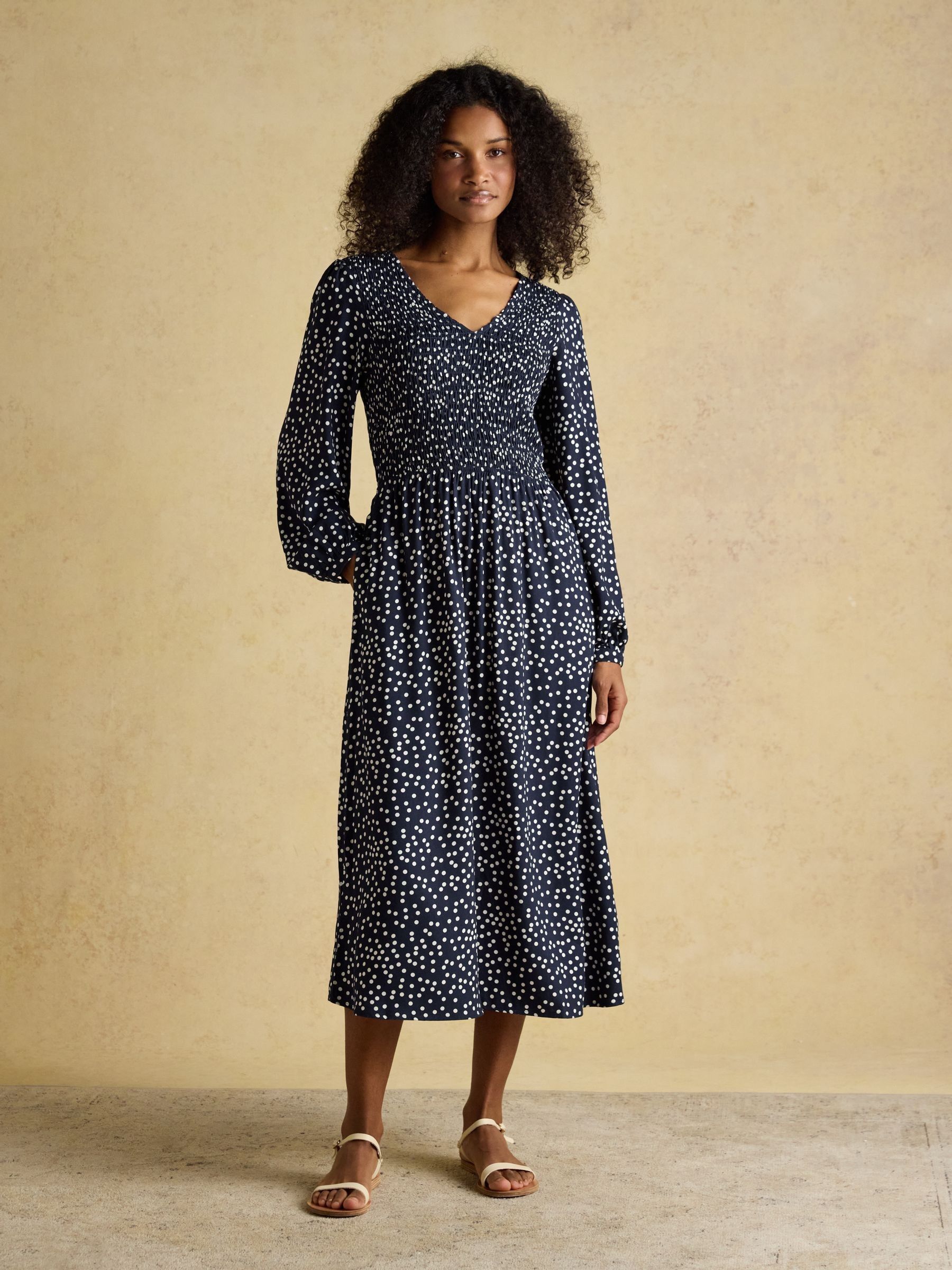 Liliana Navy Spot Shirred V-Neck Midi Dress - Image 1 of 8