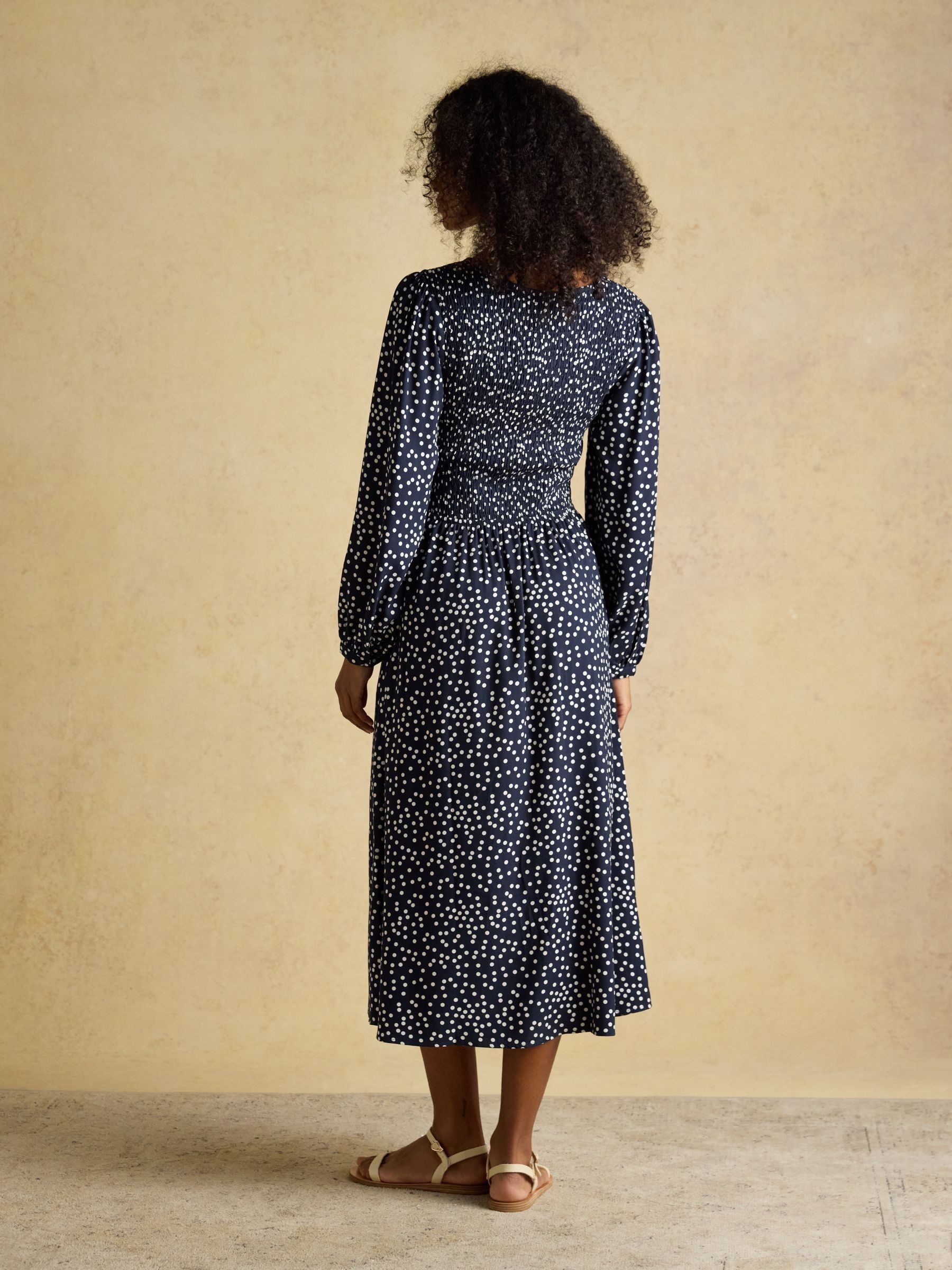 Liliana Navy Spot Shirred V-Neck Midi Dress - Image 2 of 8