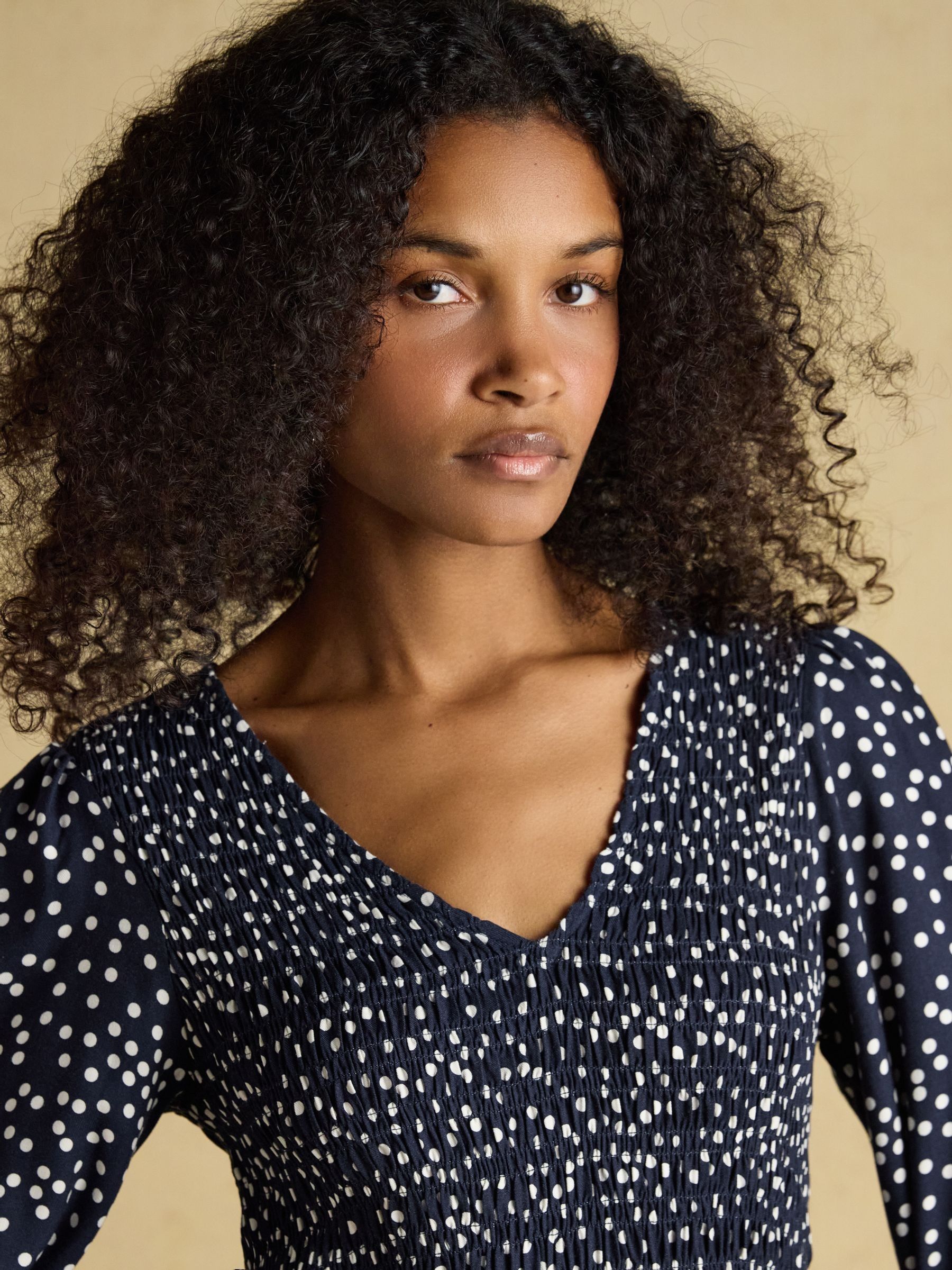Liliana Navy Spot Shirred V-Neck Midi Dress - Image 3 of 8
