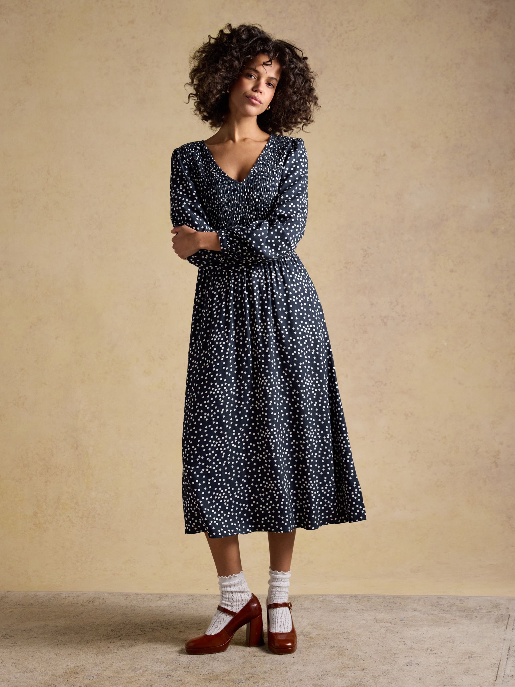 Liliana Navy Spot Shirred V-Neck Midi Dress | Joules