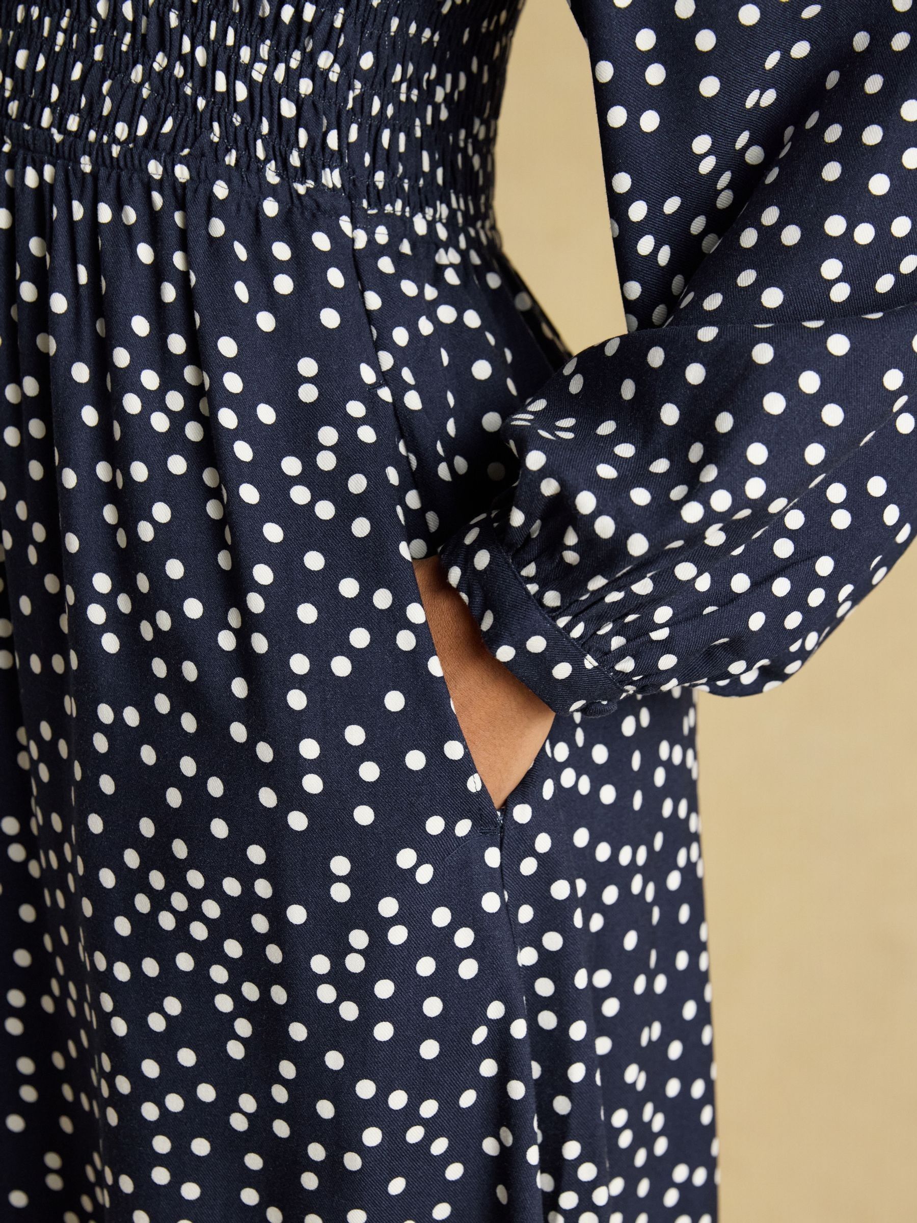 Liliana Navy Spot Shirred V-Neck Midi Dress - Image 4 of 8