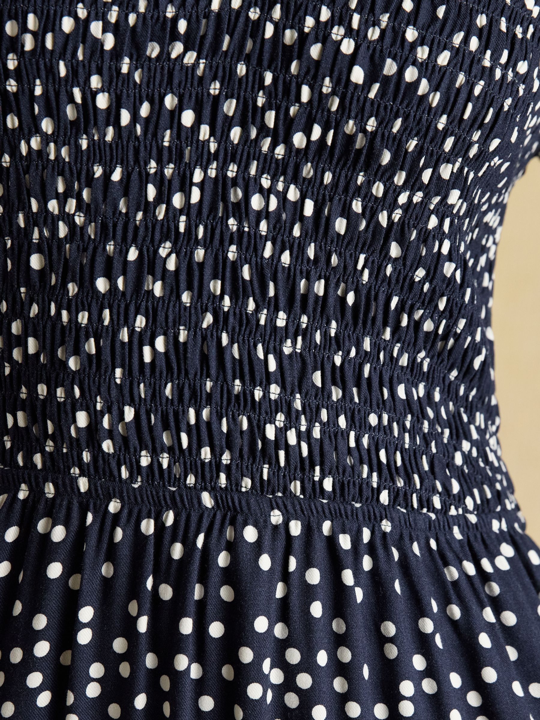 Liliana Navy Spot Shirred V-Neck Midi Dress - Image 6 of 8