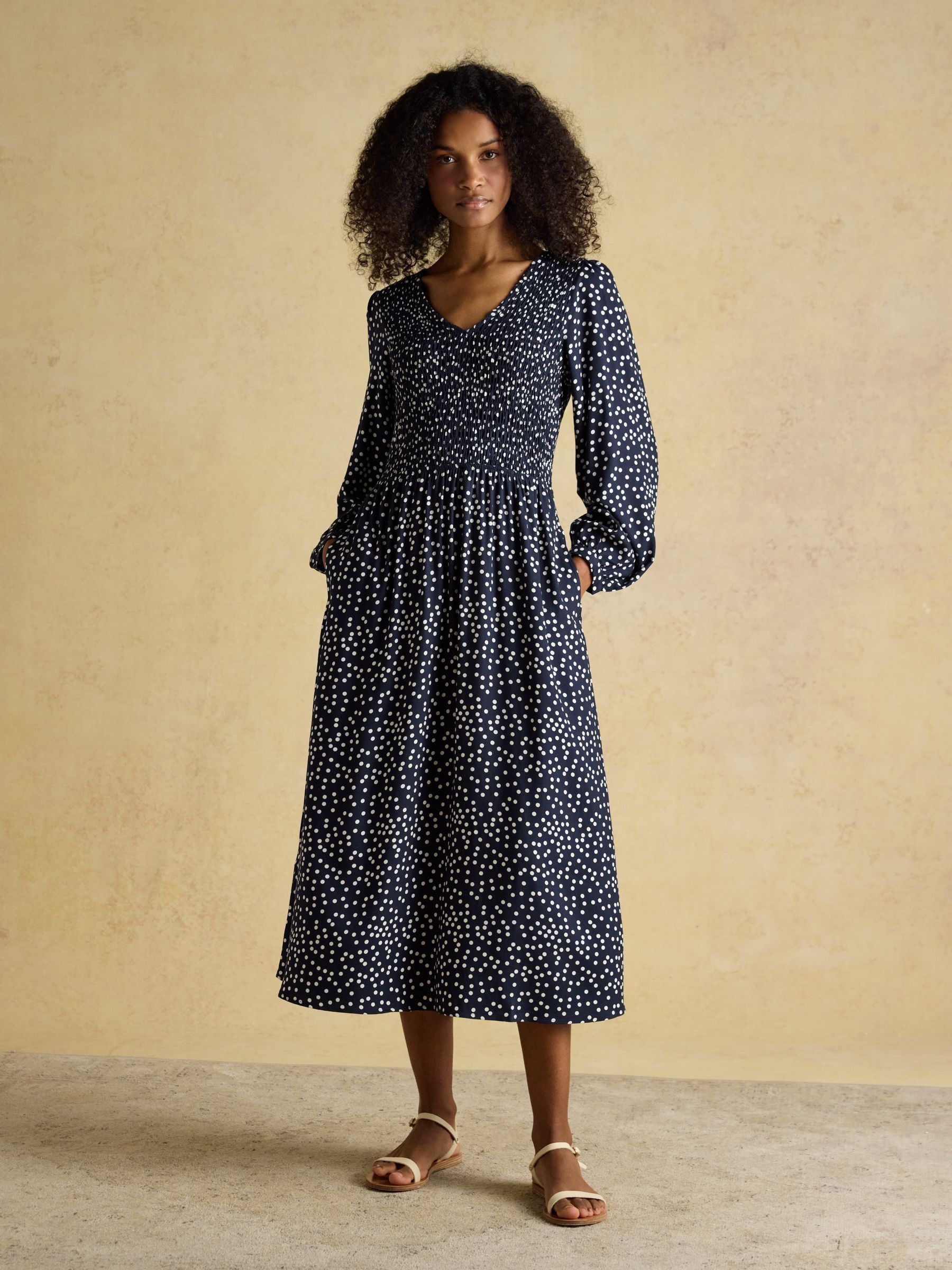 Liliana Navy Spot Shirred V-Neck Midi Dress - Image 7 of 8