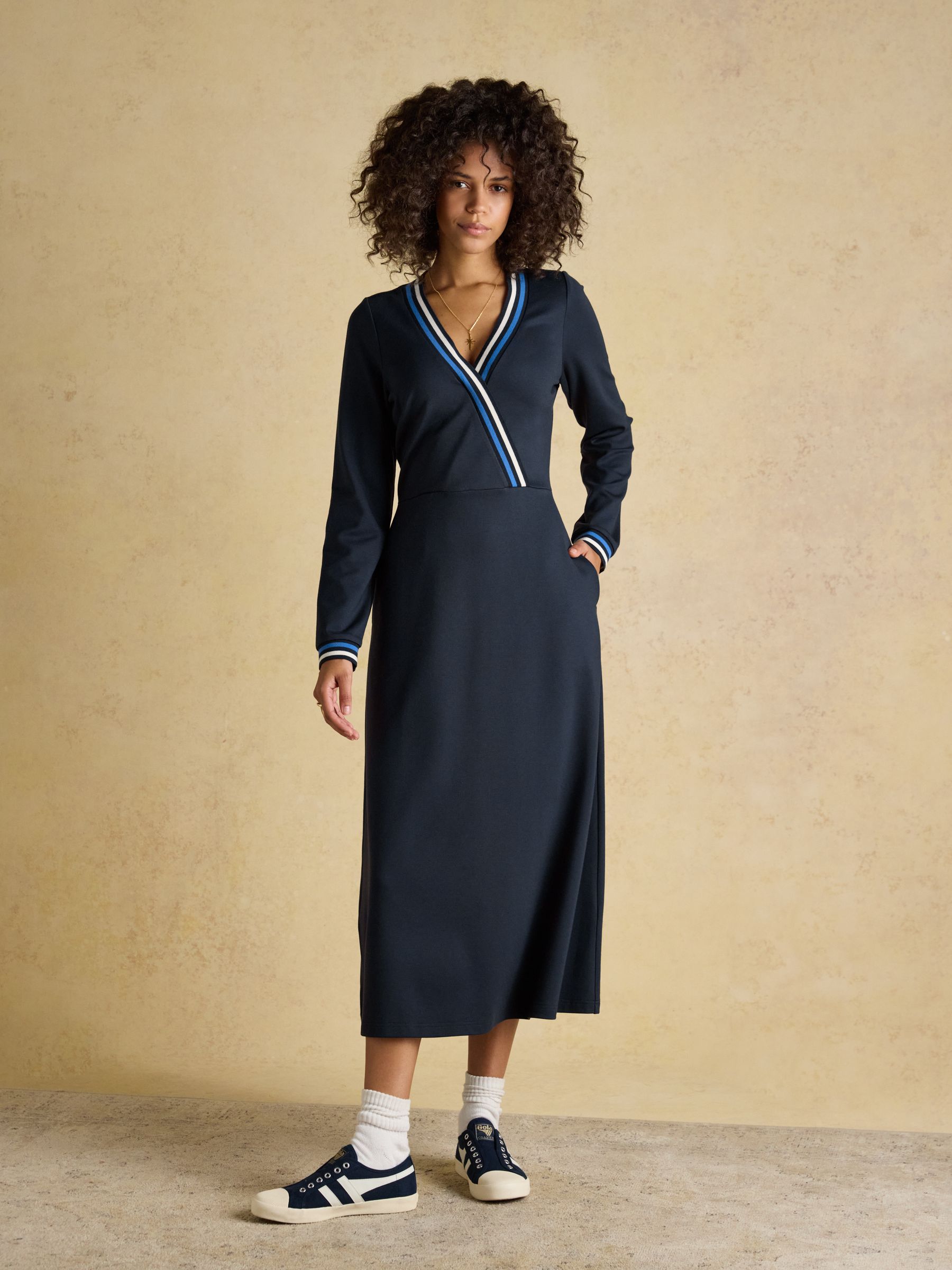 Dulcie Navy Long Sleeve Ponte Wrap Midi Dress | Joules