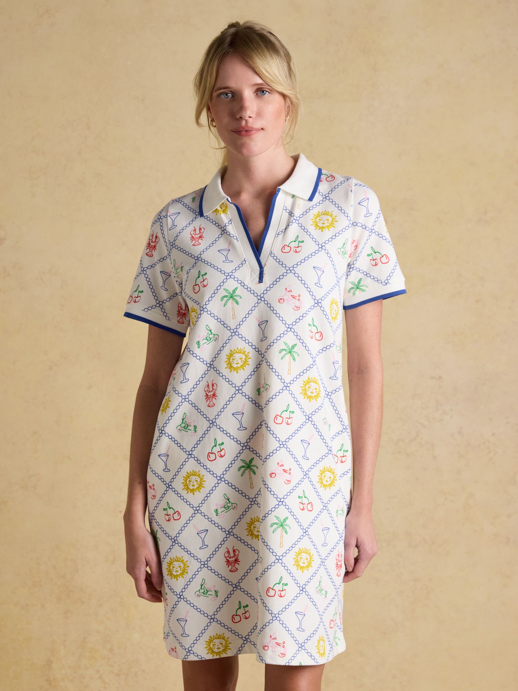 Evie Cream Multi V-Neck Short Sleeve Dress with Collar - Image 1 of 9