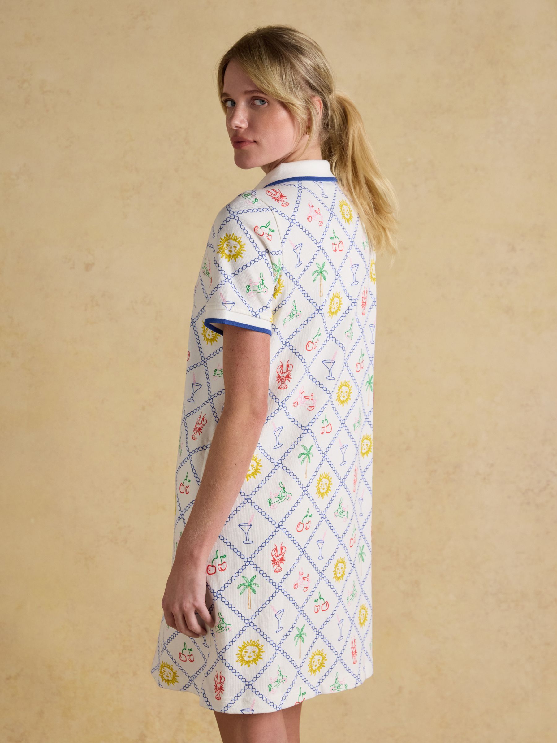 Evie Cream Multi V-Neck Short Sleeve Dress with Collar - Image 2 of 9