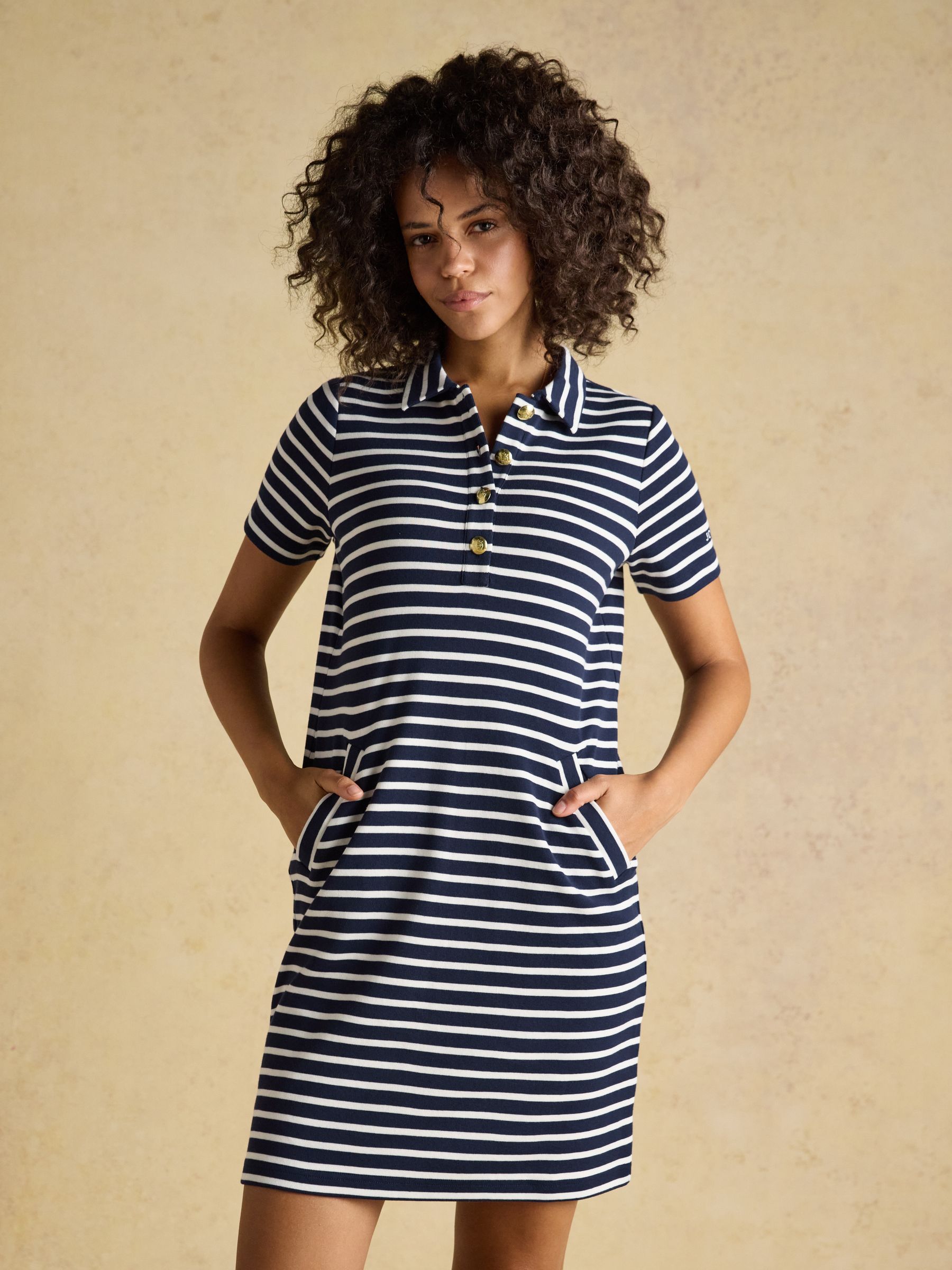 Jane Navy Striped Button Collared Knee Length Dress - Image 1 of 8