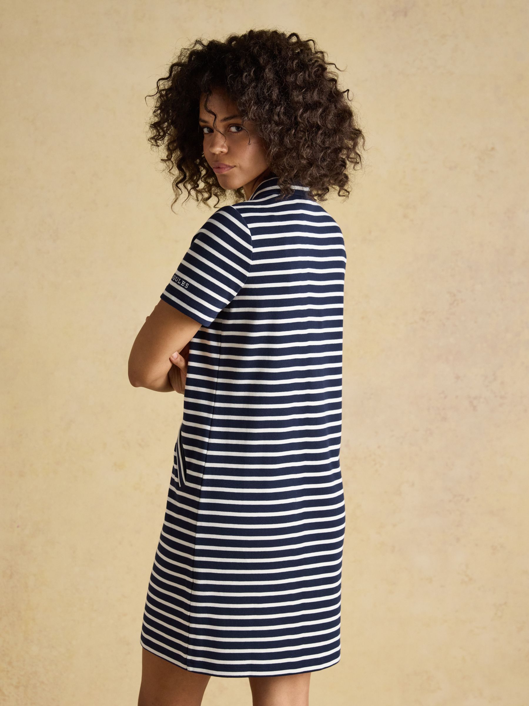 Jane Navy Striped Button Collared Knee Length Dress - Image 2 of 8