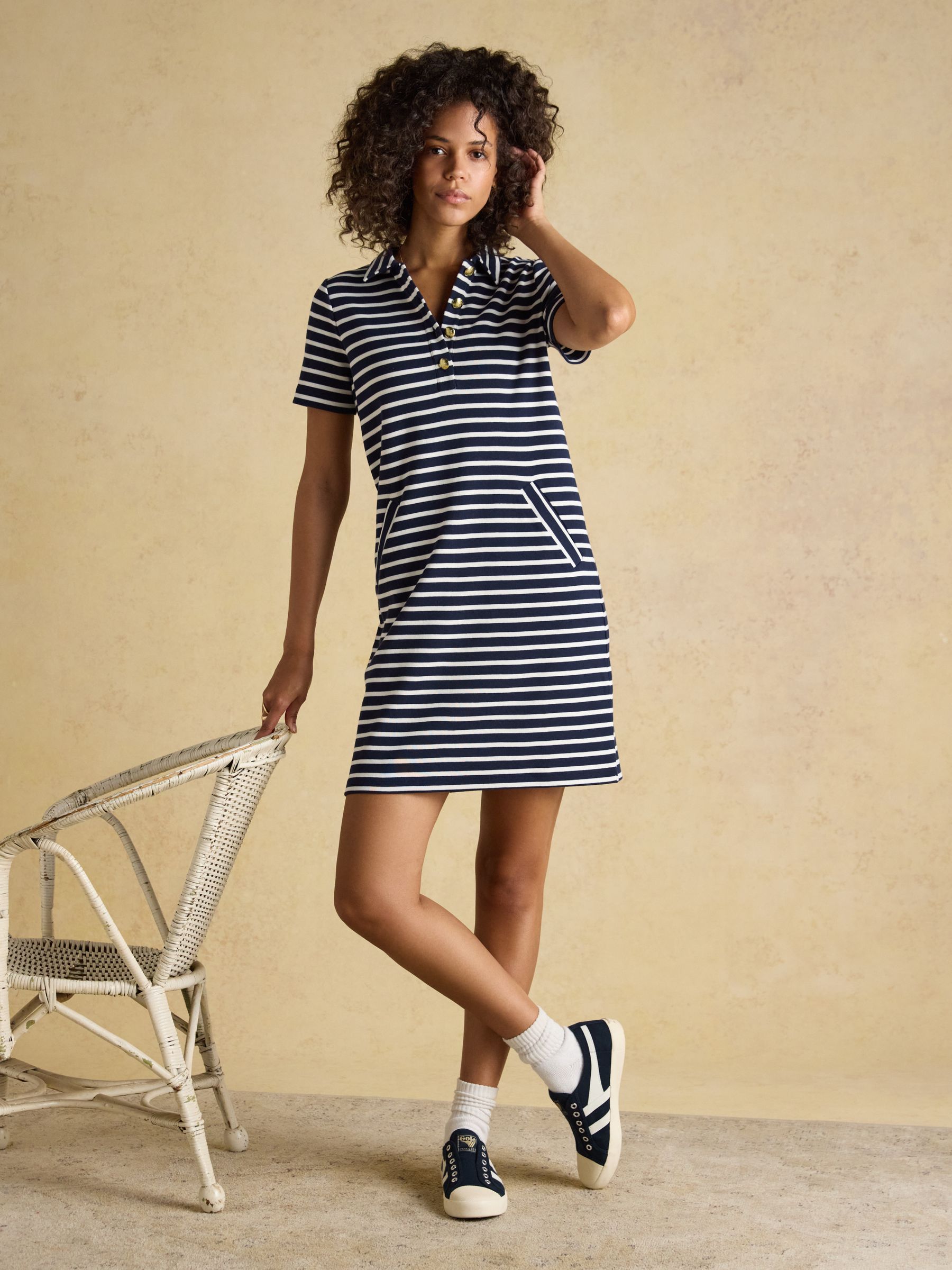 Jane Navy Striped Button Collared Knee Length Dress - Image 3 of 8
