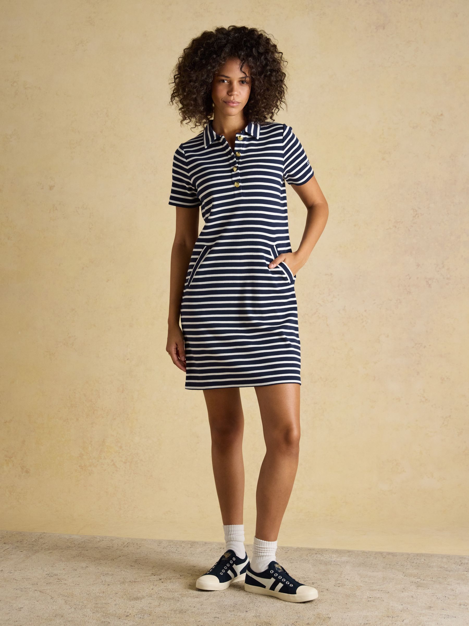 Jane Navy Striped Button Collared Knee Length Dress - Image 6 of 8