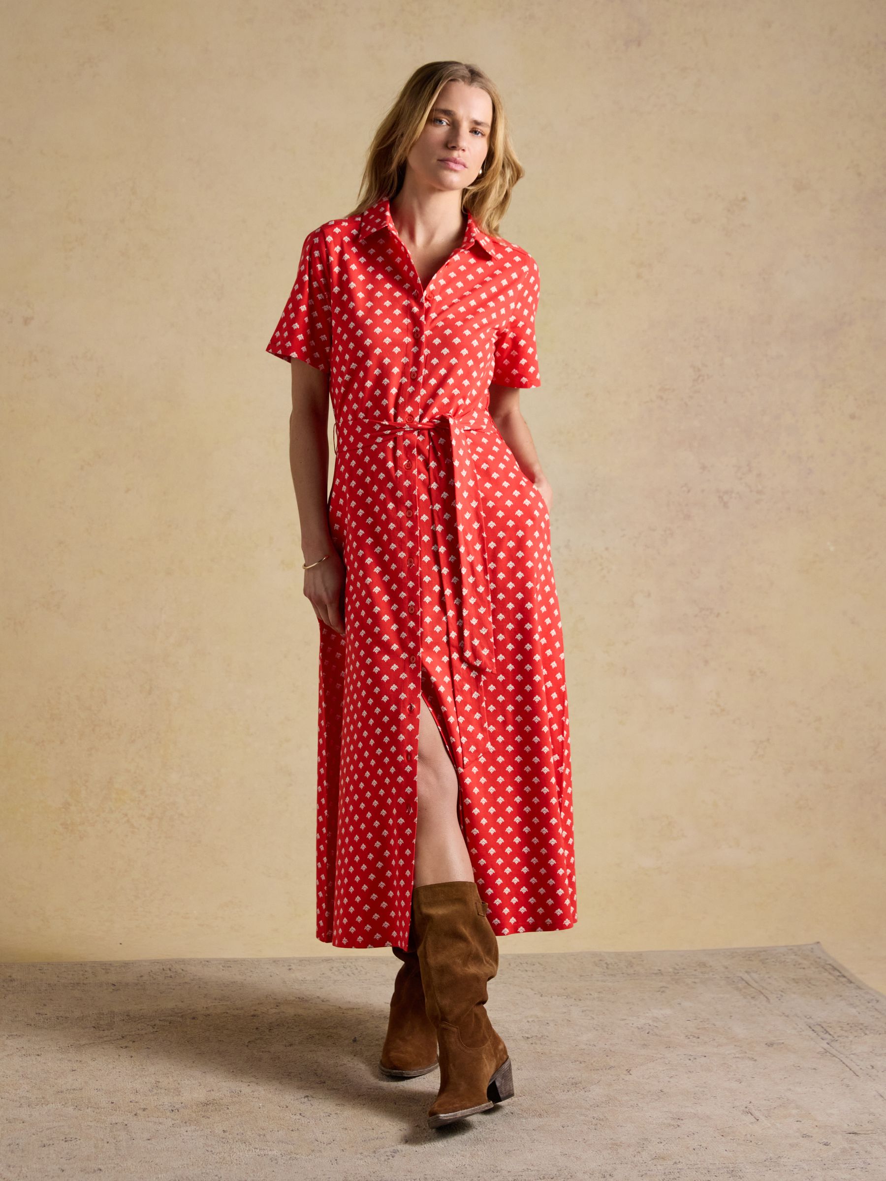 Sabrina Red Foulard Midi Shirt Dress - Image 1 of 7